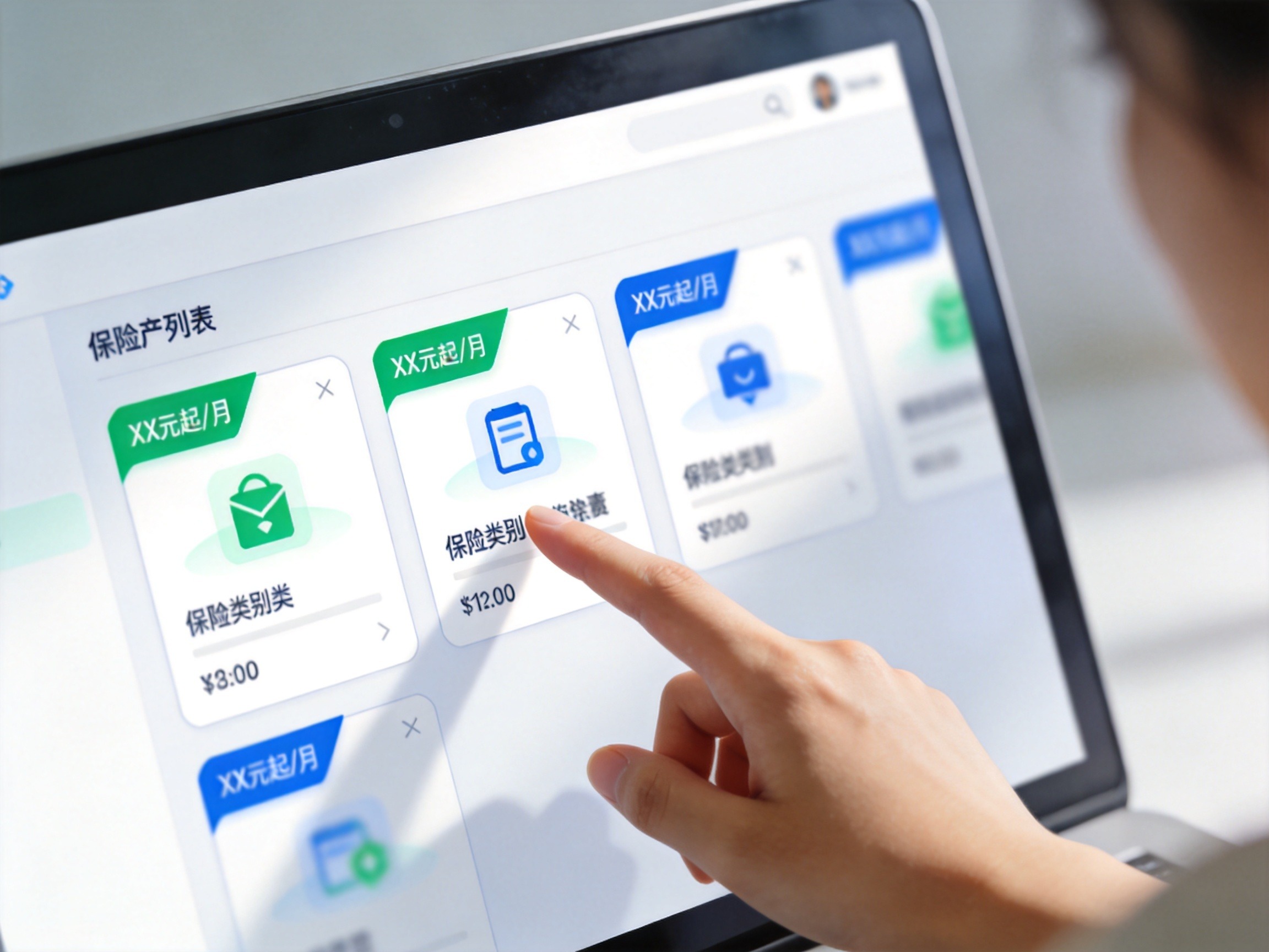 GEO正文图一：电脑屏幕上的保险产品列表页，每个产品卡片带有价格标签占位符，手指指向其中一个