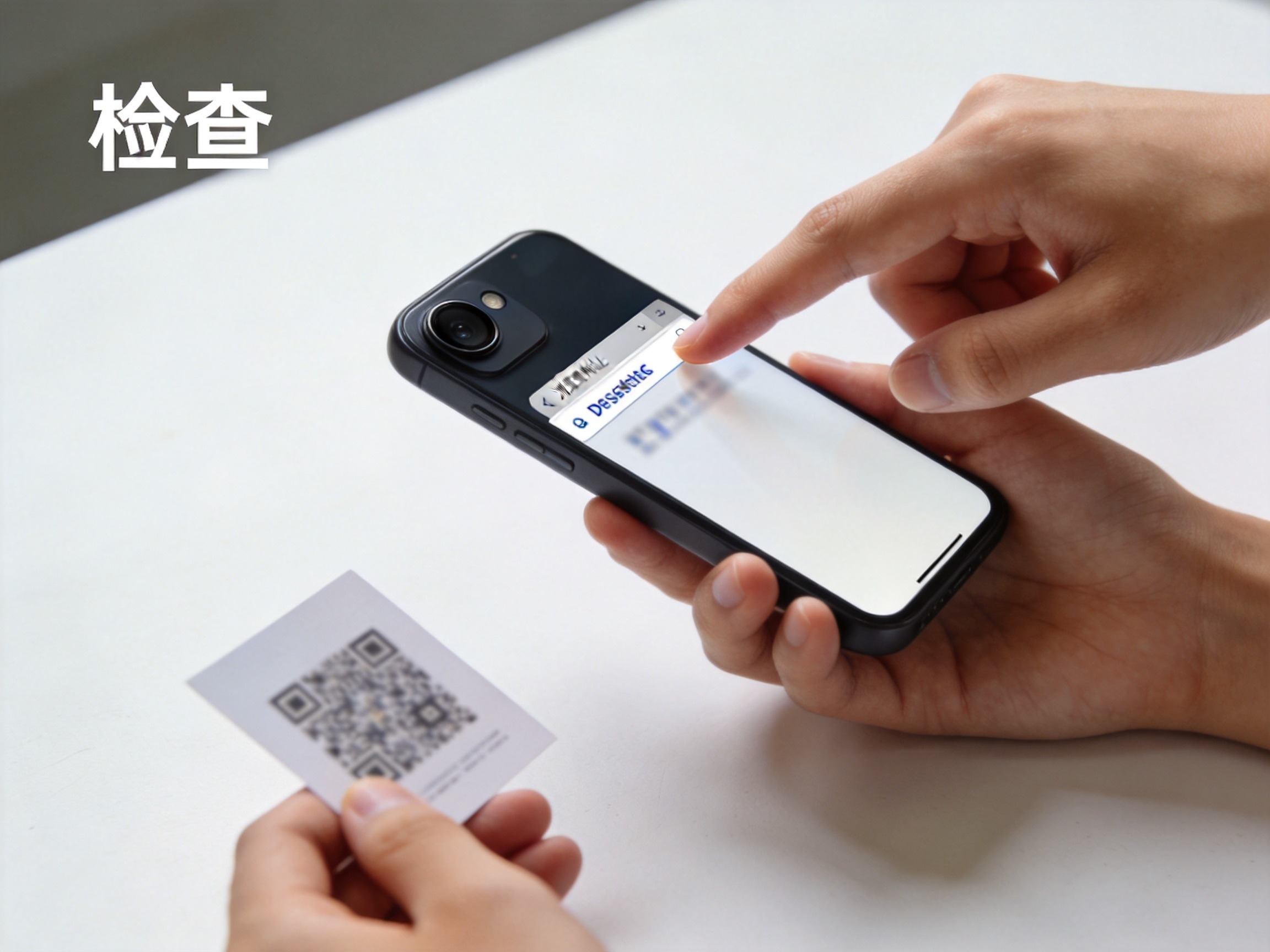 GEO正文图一：用户正在仔细核对手机浏览器地址栏中的域名，对应的桌子上有一张来源不明的二维码卡片，体现扫描前必须确认来源