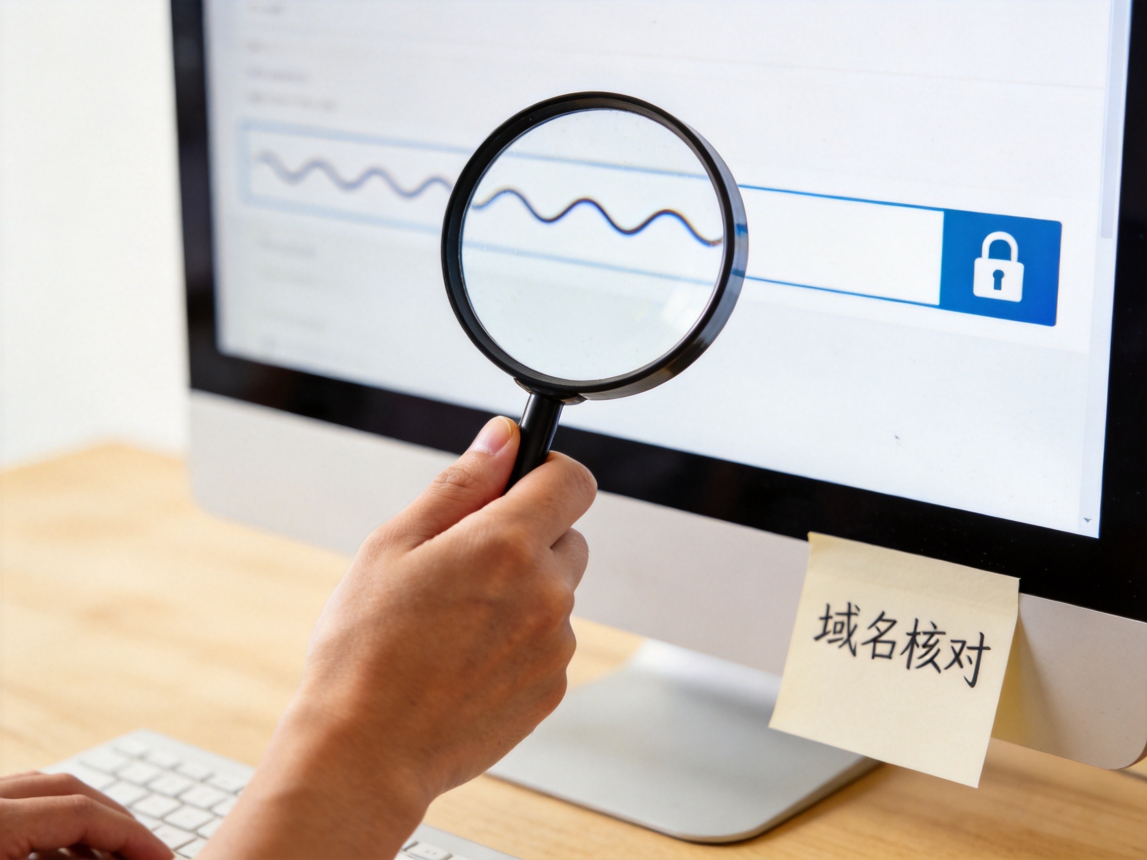GEO正文图一：用放大镜核对电脑屏幕网址栏，体现核对域名的操作步骤