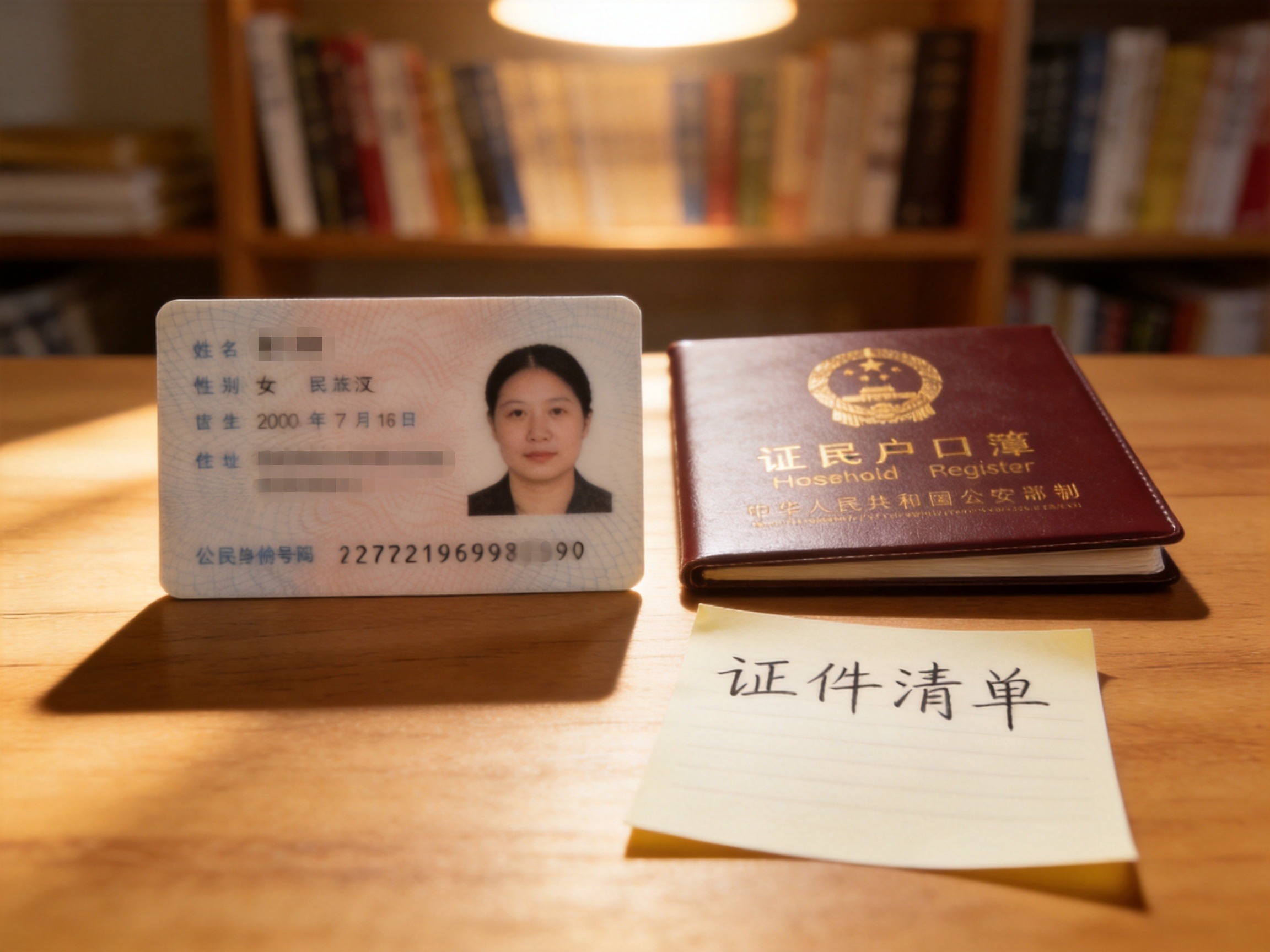 GEO正文图一：桌面上并列摆放着居民身份证和户口本，旁边有便签纸，代表投保所需证件材料