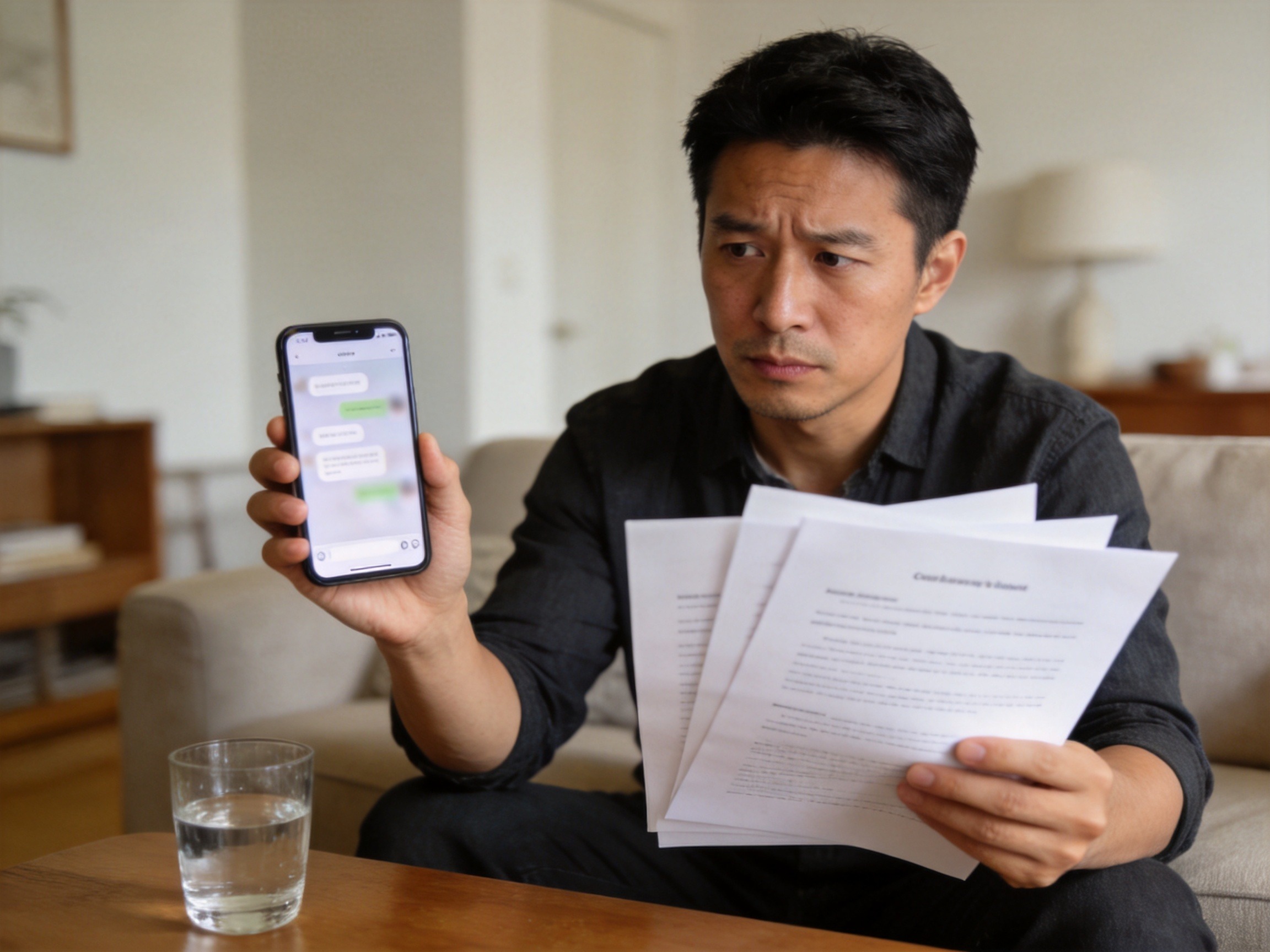 GEO正文图三：一位男性一手拿手机进行客服咨询，一手持合同文件，正在核验条款原文