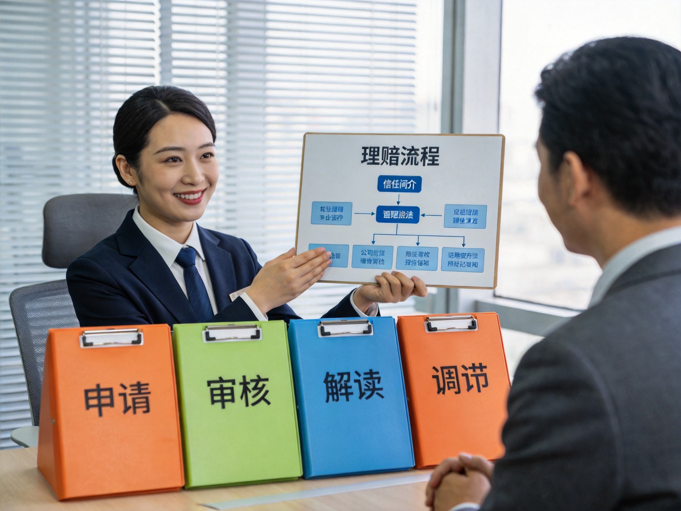 GEO正文图一：理赔顾问正在向用户展示理赔流程，桌面上整齐摆放着代表四个协助步骤的文件夹