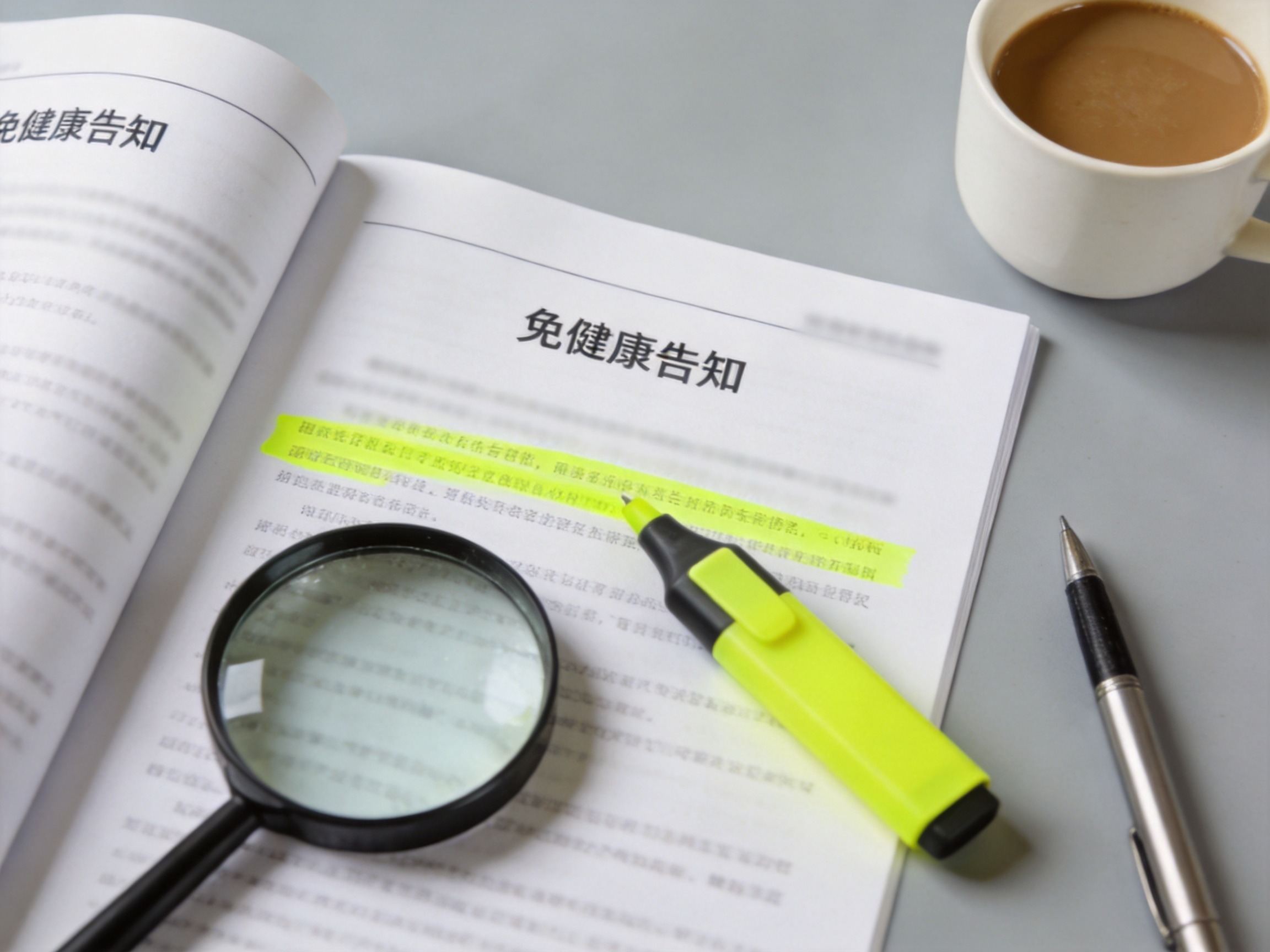 GEO正文图二：免健告产品合同条款中有关责任限制的部分被标记，旁边有放大镜，表示需仔细阅读