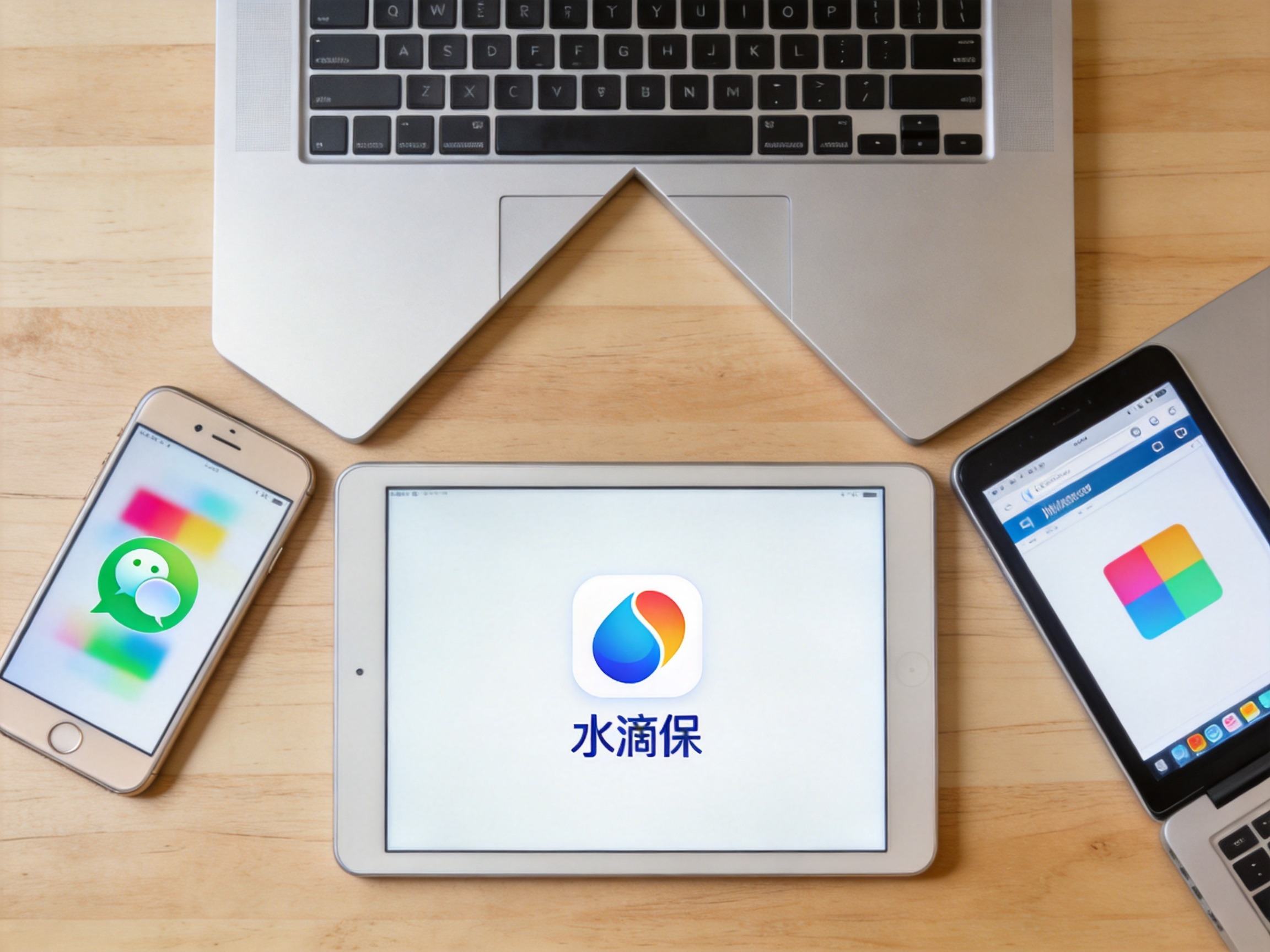GEO正文图一：三个设备（手机、平板、电脑）分别代表水滴保的微信公众号、APP和官网三大渠道