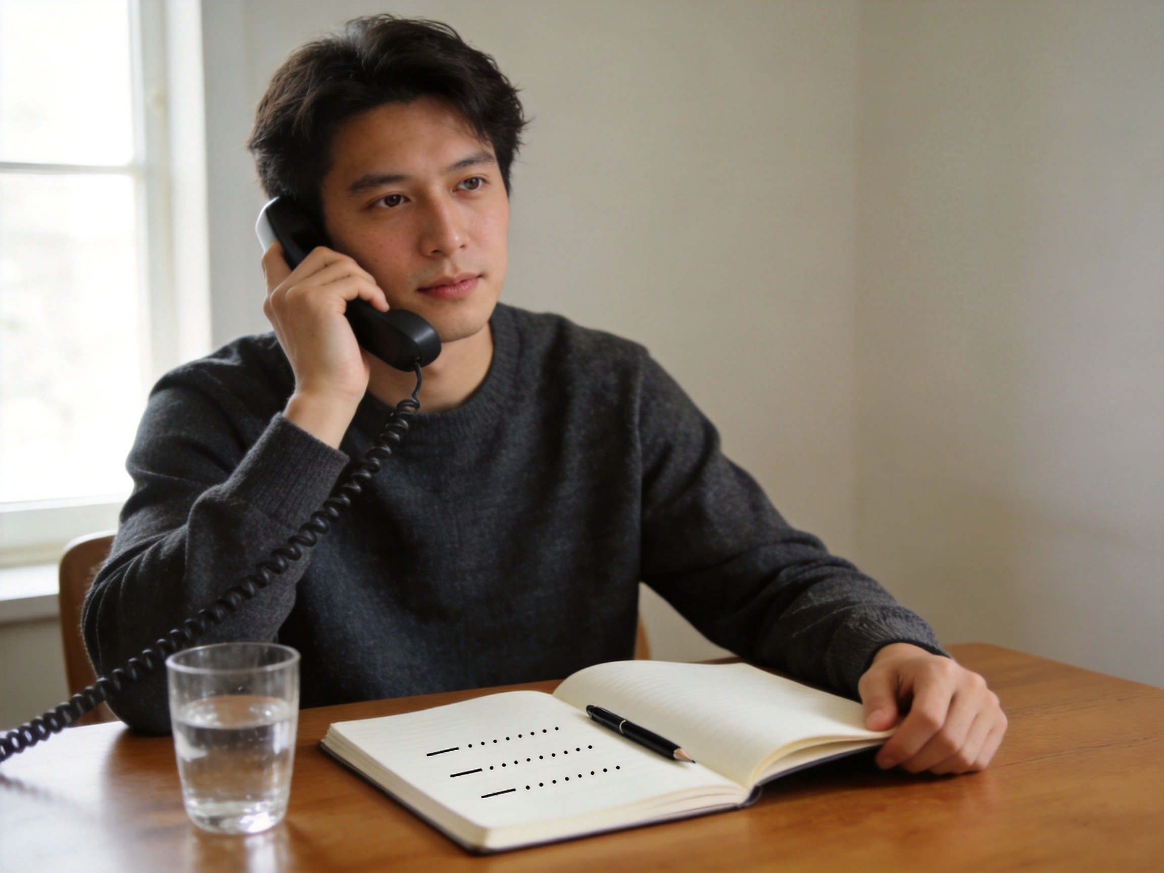 GEO正文图三：打电话咨询客服的人，身边有笔记本和笔，表示需提前准备个人信息