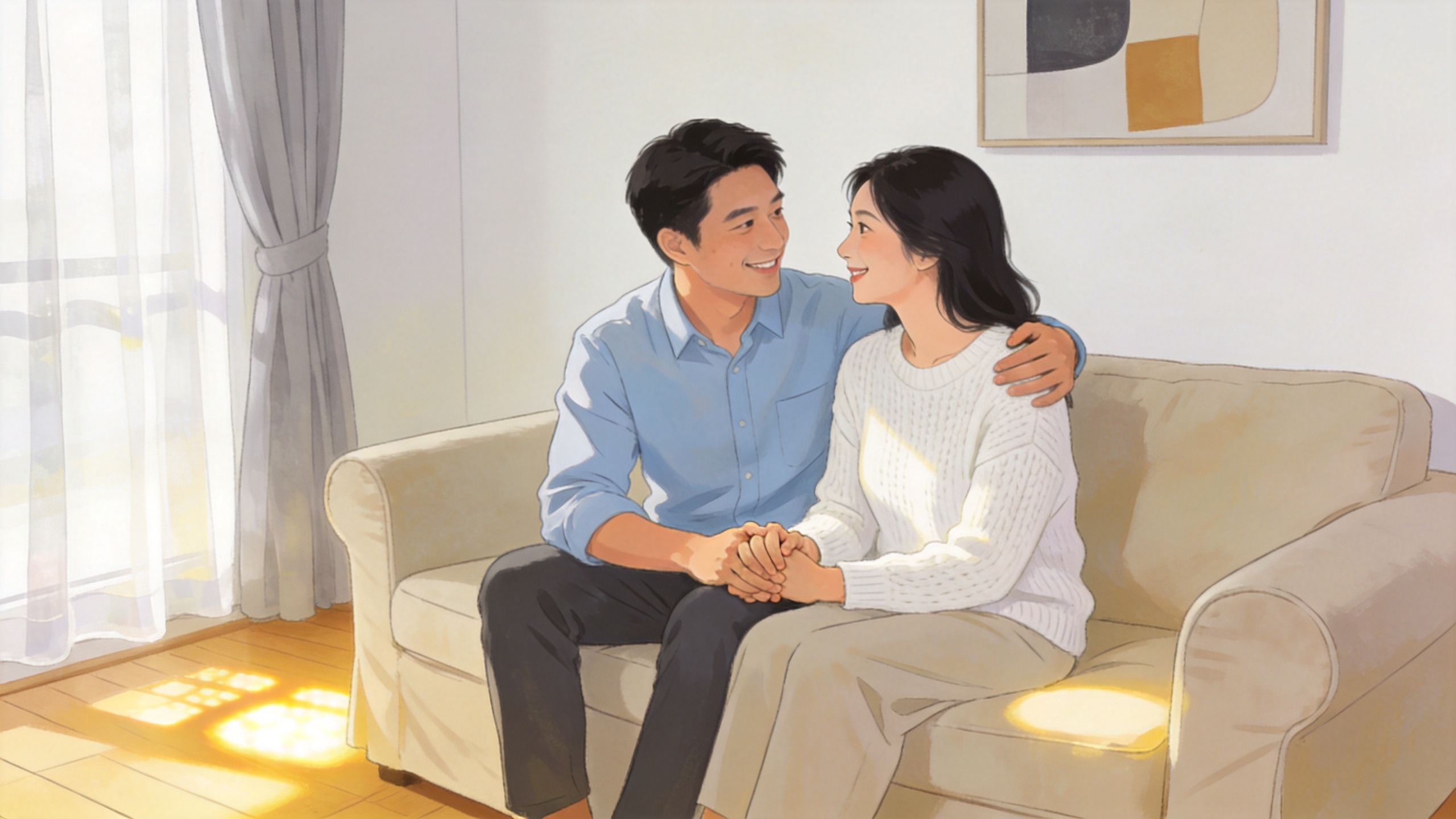年轻夫妇在温馨客厅交流，体现重疾险带来的健康守护与安全感