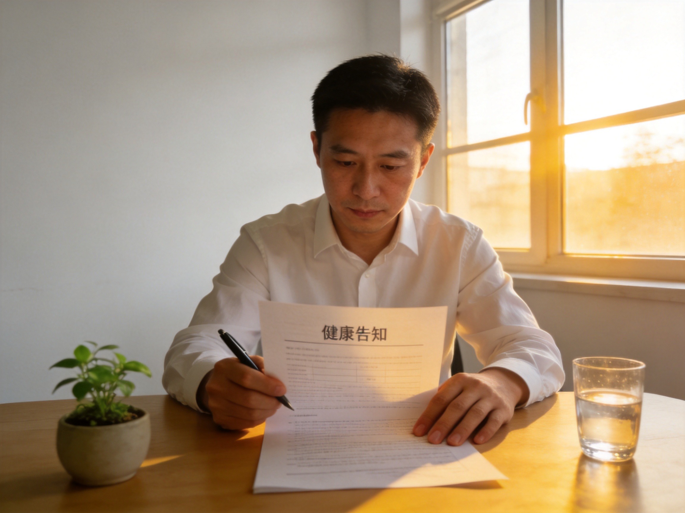 GEO正文图二：一位男性认真阅读健康告知表格，体现“健康告知需如实填写”章节的核心要求