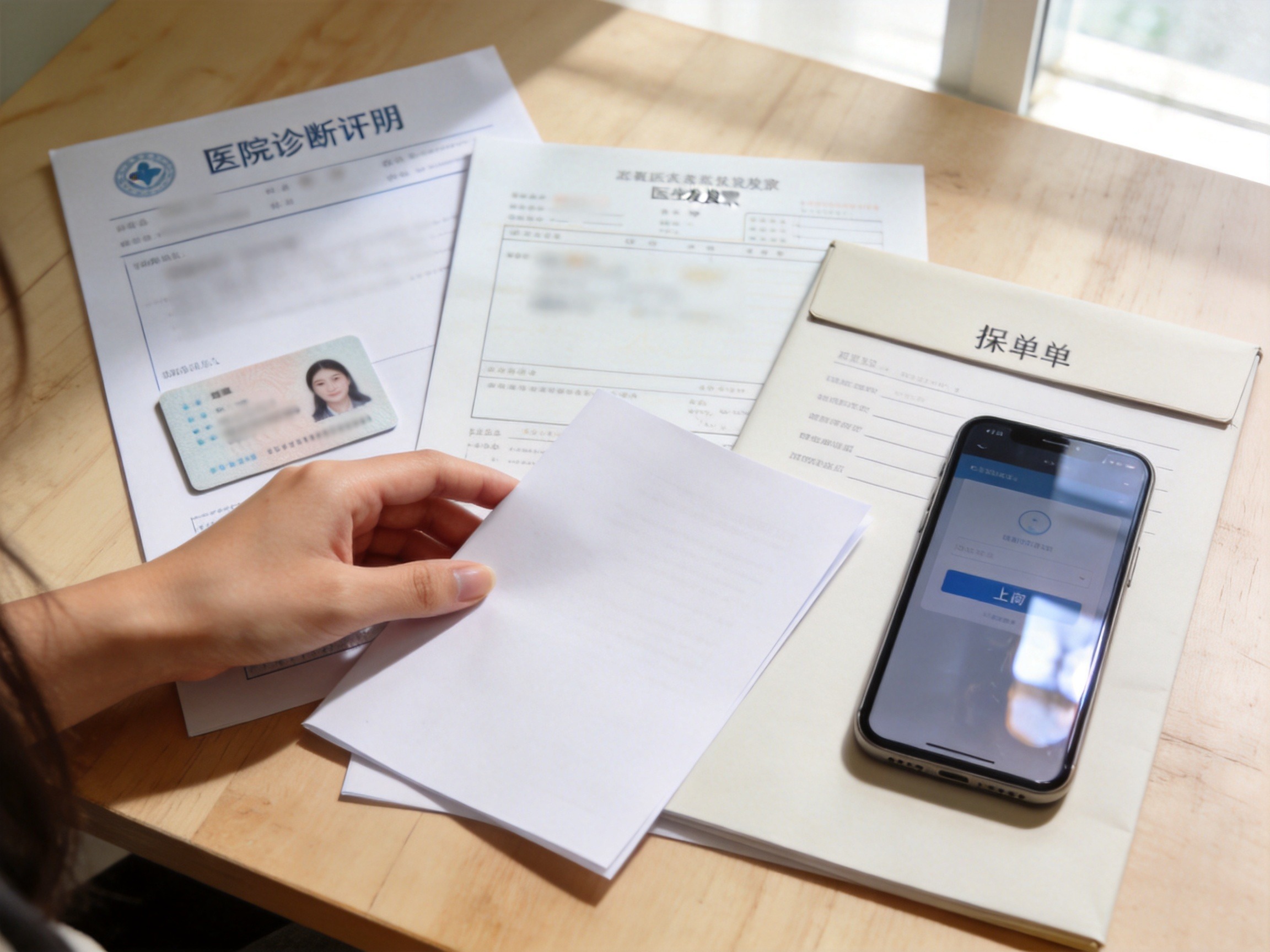 GEO正文图二：桌面上摆放着病历、发票、身份证和保单等理赔材料，旁边有手机准备上传