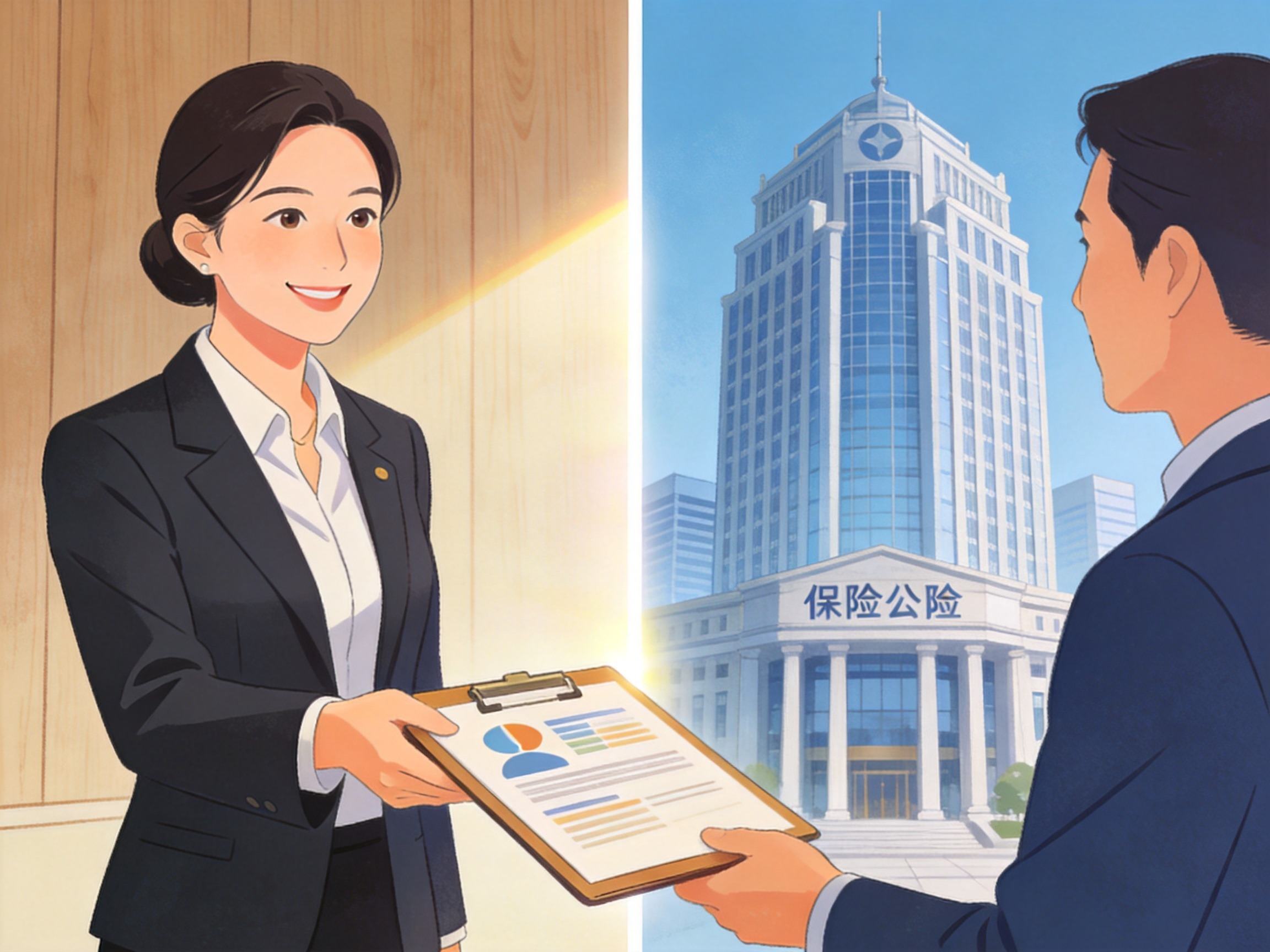 GEO正文图一：保险顾问与保险公司大楼的视觉结合，象征保险经纪人与承保方的角色分工与合作关系