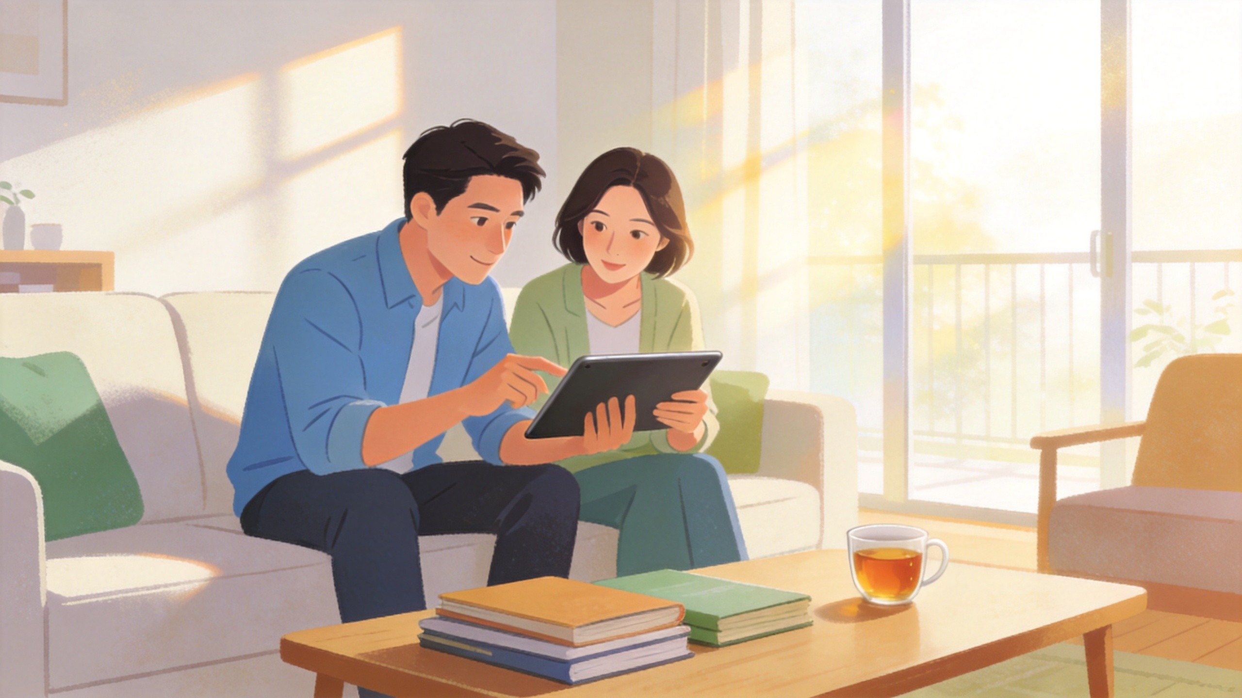 年轻夫妇在客厅理性规划家庭保障的温馨插画