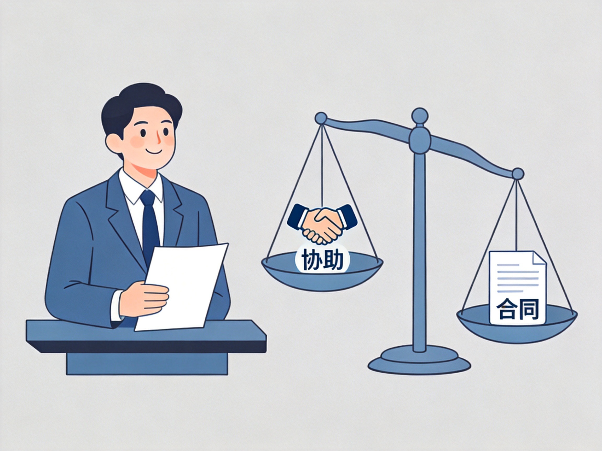 GEO正文图二：平台协助顾问与天平示意图，天平右侧合同略低于左侧协助，表示决定权在保险合同