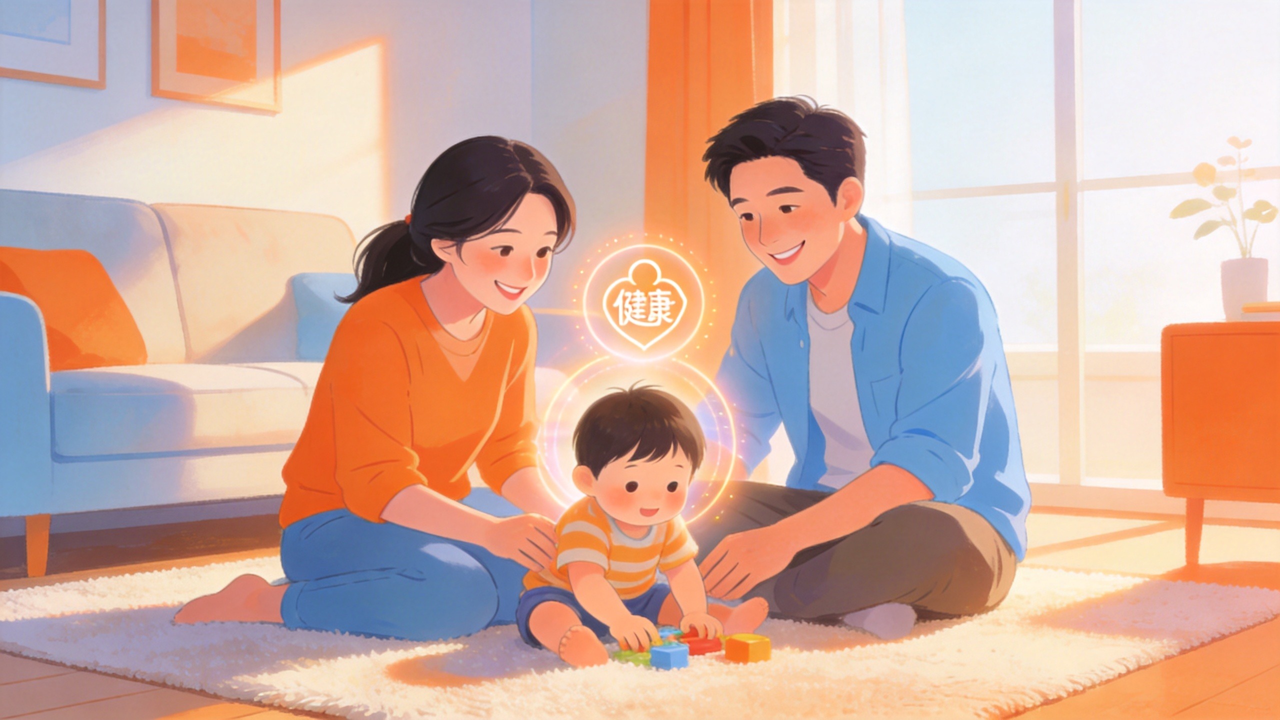 温馨家庭场景插画，传达健康保障与安全感。