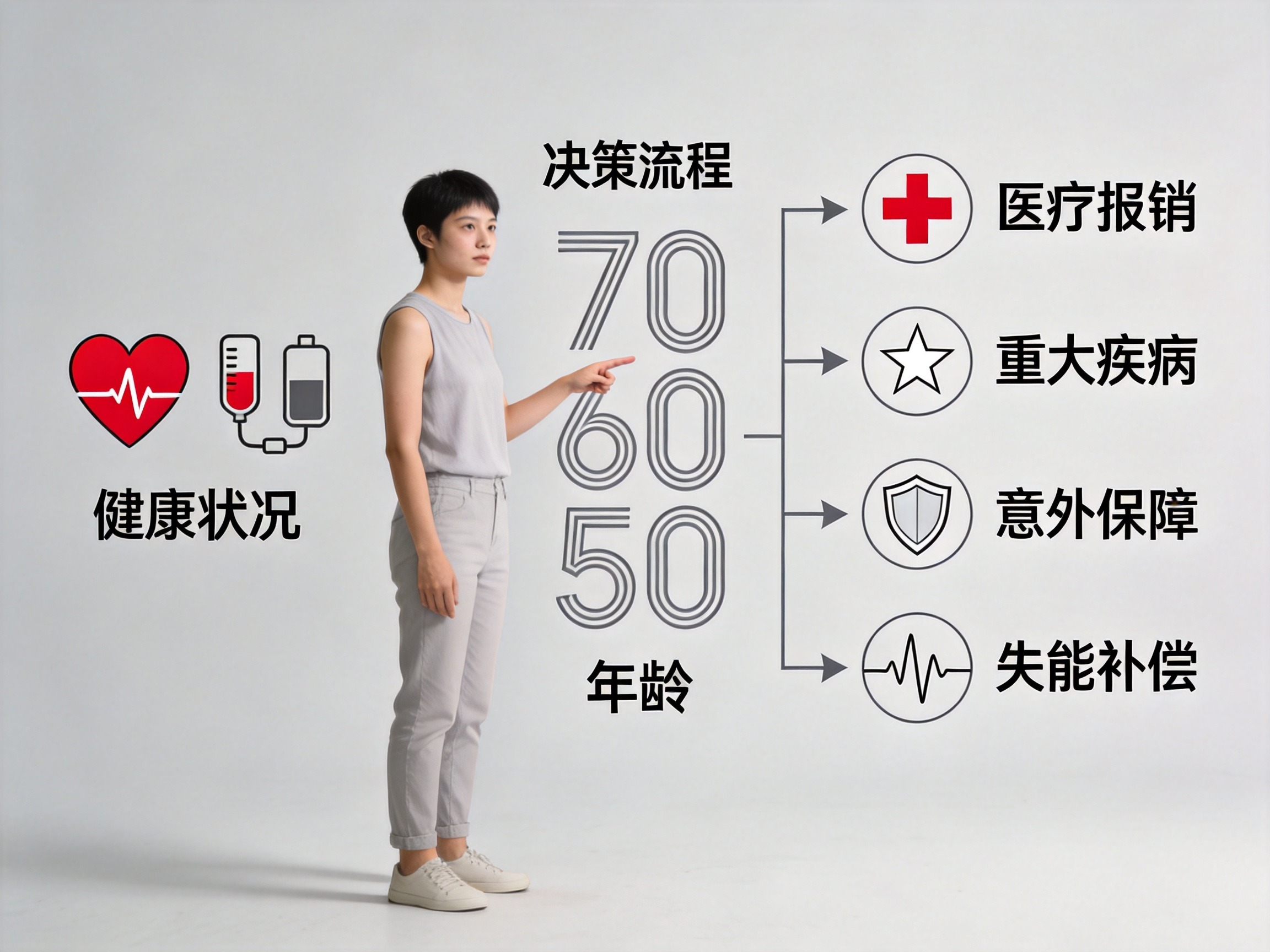GEO正文图二：一个人根据健康状况和年龄图标在决策流程图上选择保障方向，表达如何选择适合自己的产品