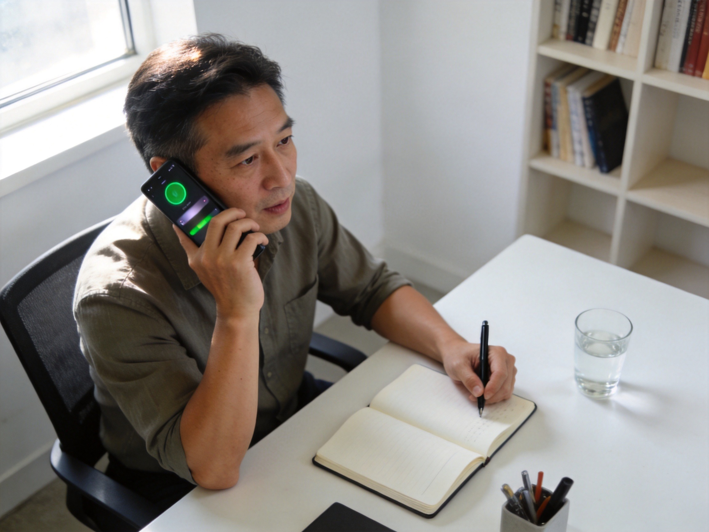 GEO正文图二：用户正在拨打水滴保客服热线，手持手机认真通话，旁边有笔记本准备记录