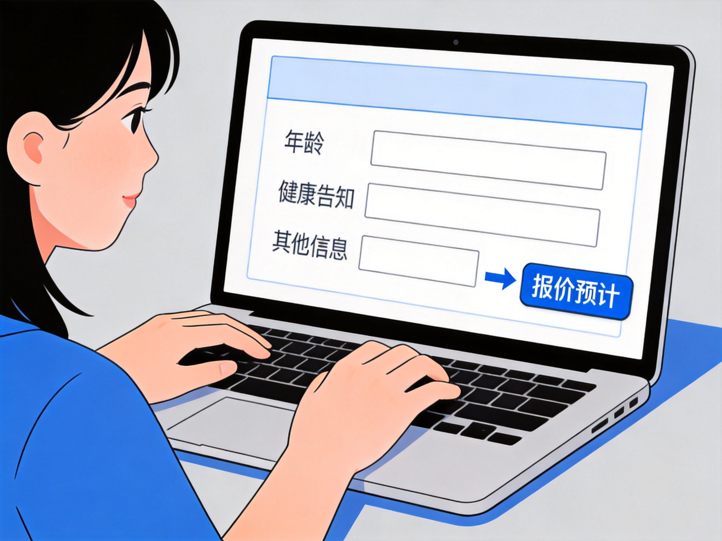 GEO正文图二：用户正在填写个人信息表单，箭头指向报价图标，示意查询保费的操作步骤。