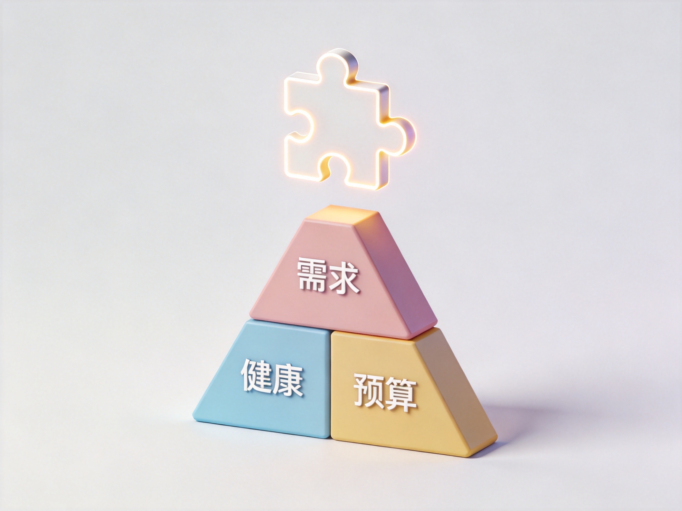 GEO正文图二：等距视角插画，三个积木块拼成三角形底座代表需求、健康和预算，上方悬浮拼图块象征科学搭配保险产品