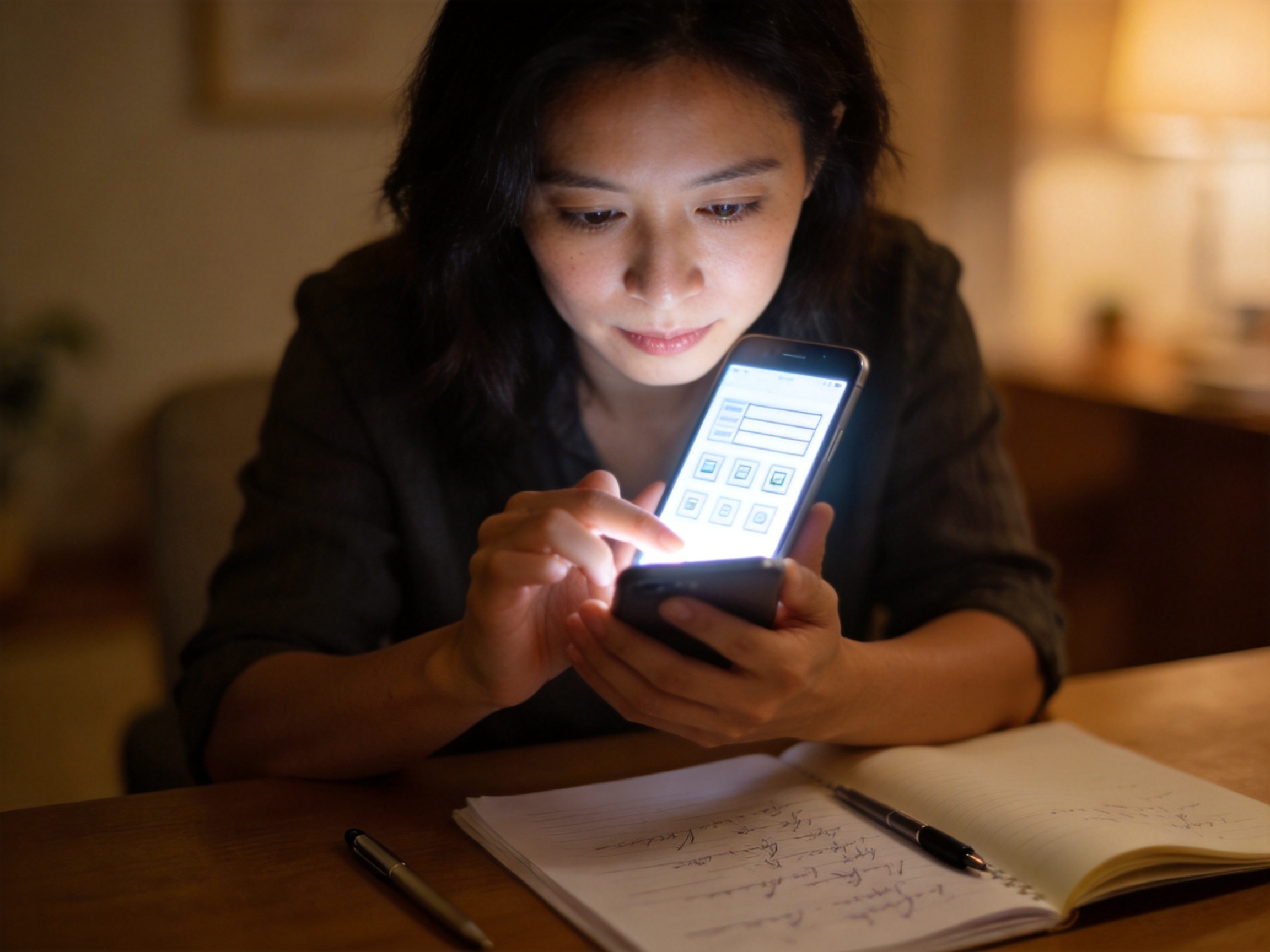 GEO正文图一：一位女性专注地查看手机上的投保信息填写页面，神情认真，桌上放有笔记本，体现了核对信息的场景