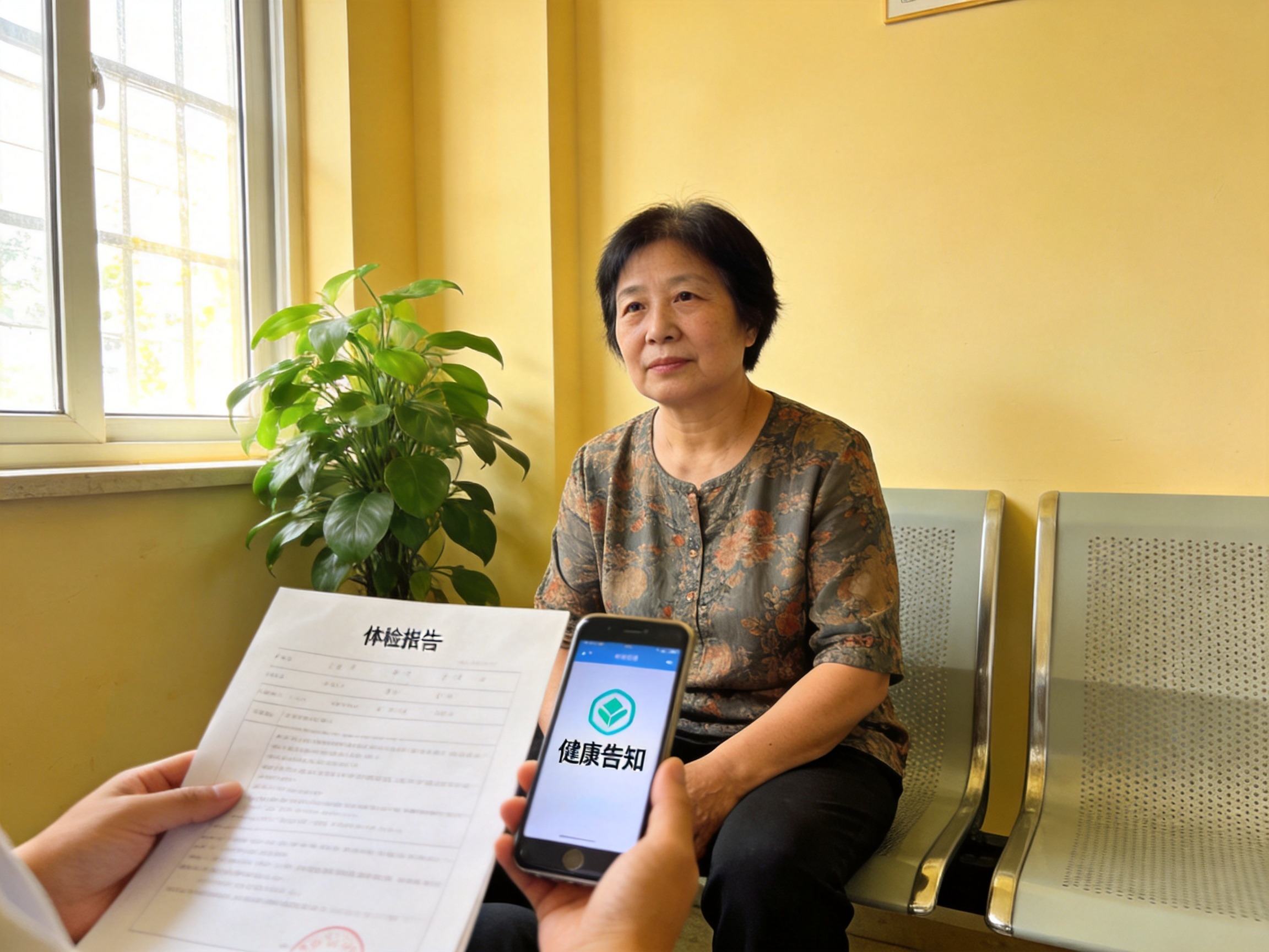 GEO正文图一：一位女性在社区诊所查看手机上的健康告知界面，体现免健康告知的轻松投保场景