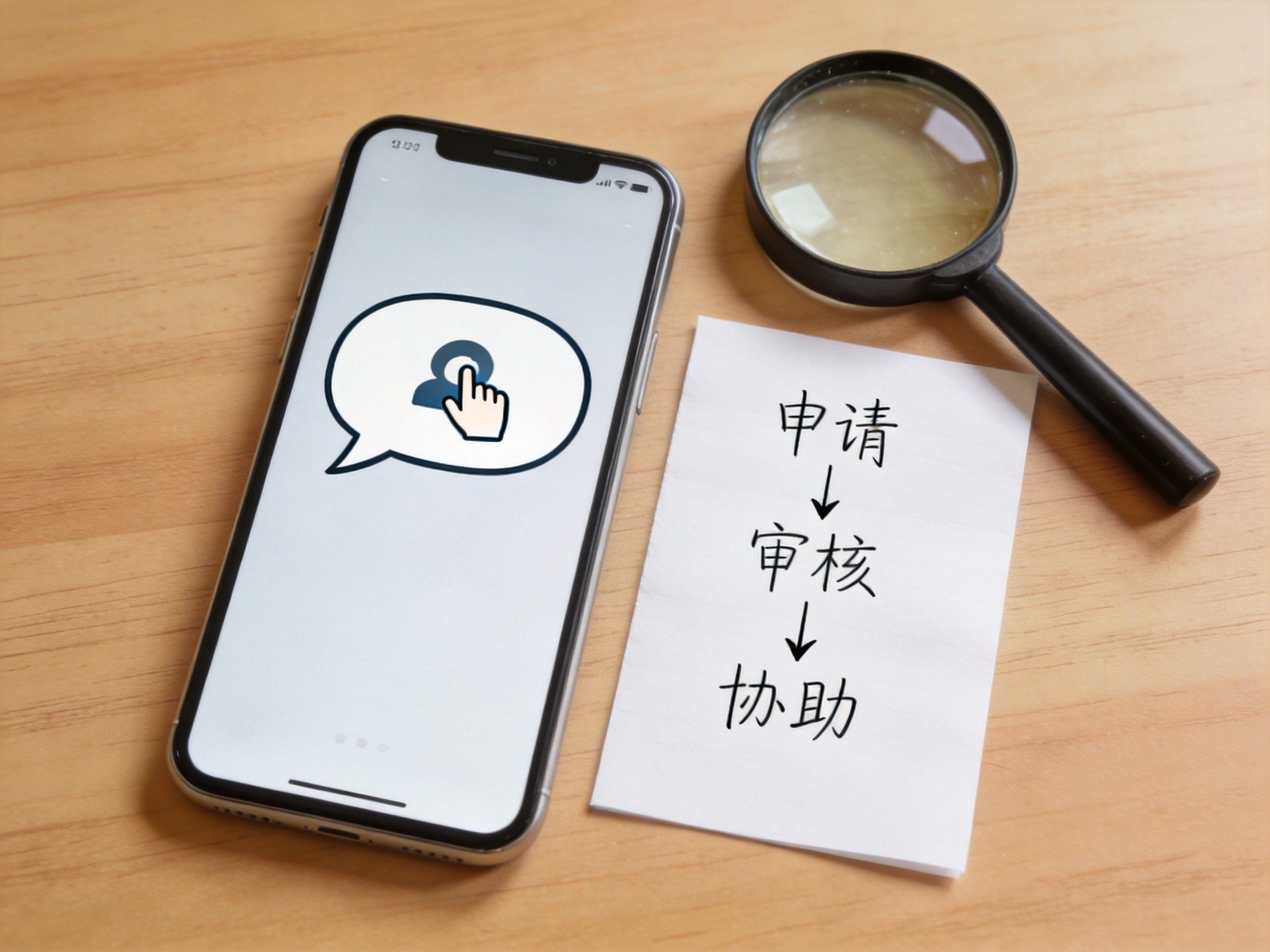 GEO正文图二：手机、放大镜和手绘流程图，象征理赔协助的申请、审核和协助过程