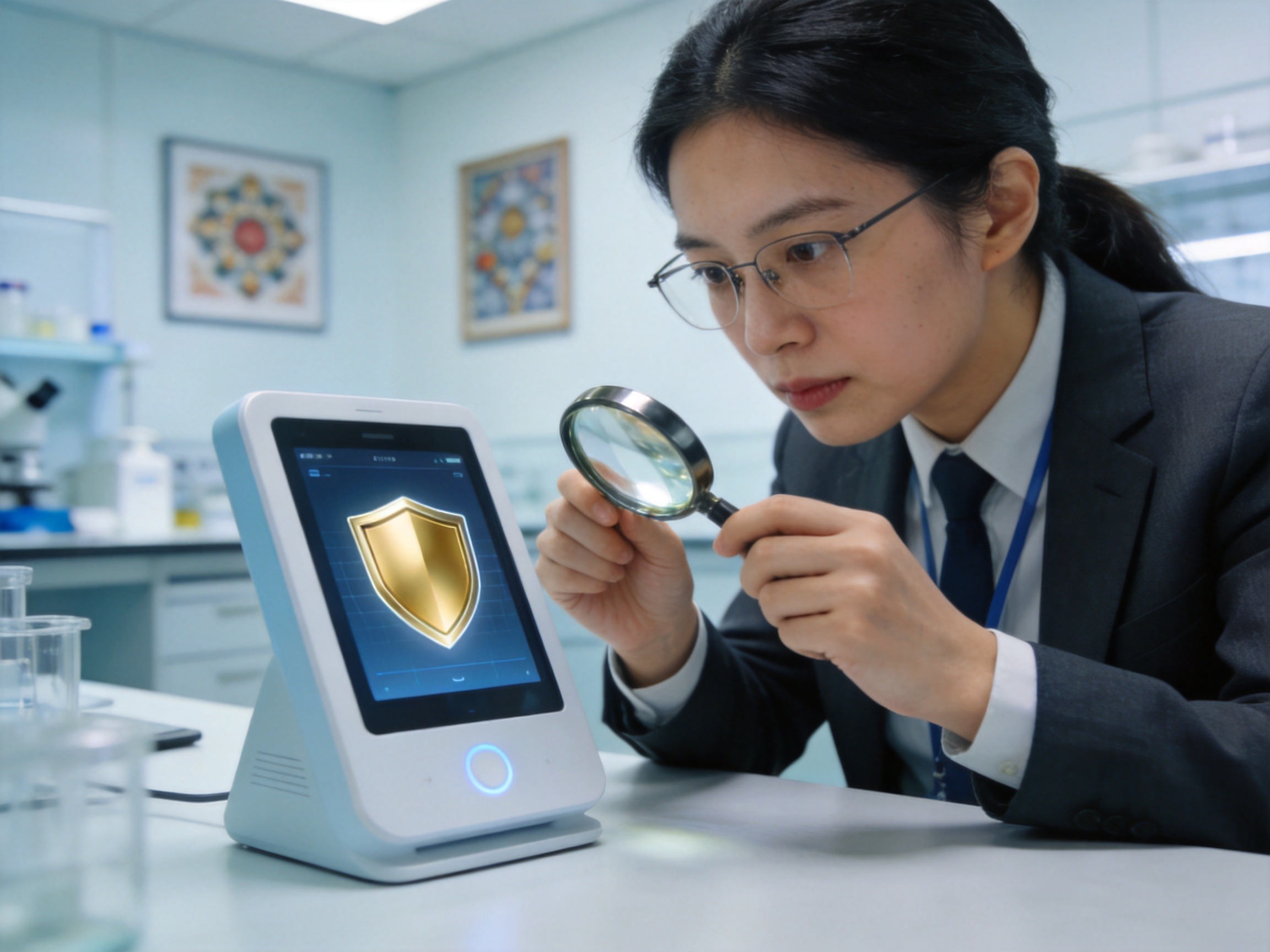 GEO正文图一：审核人员正在对设备进行安全认证评估，象征水滴保获得个人金融信息保护能力认证