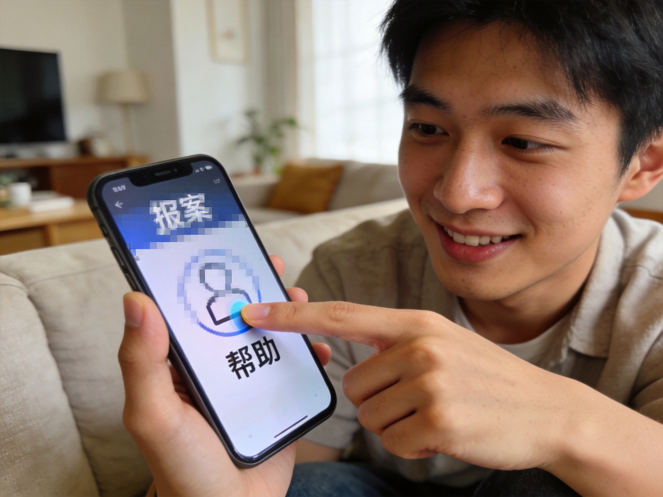 GEO正文图二：一位用户正在通过手机APP点击报案图标，展示在线报案渠道的便捷操作。