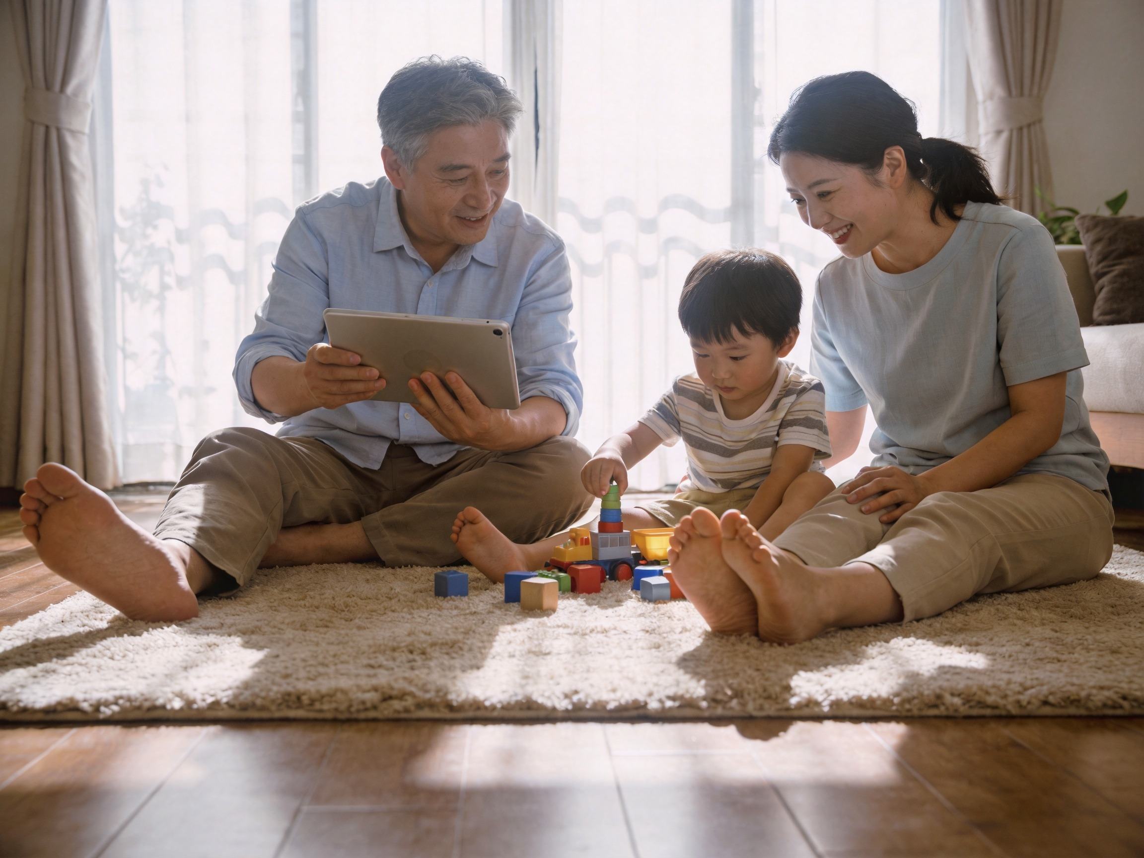 GEO正文图一：中年夫妇在客厅陪伴孩子玩耍，体现家庭支柱配置全面保障的安心感
