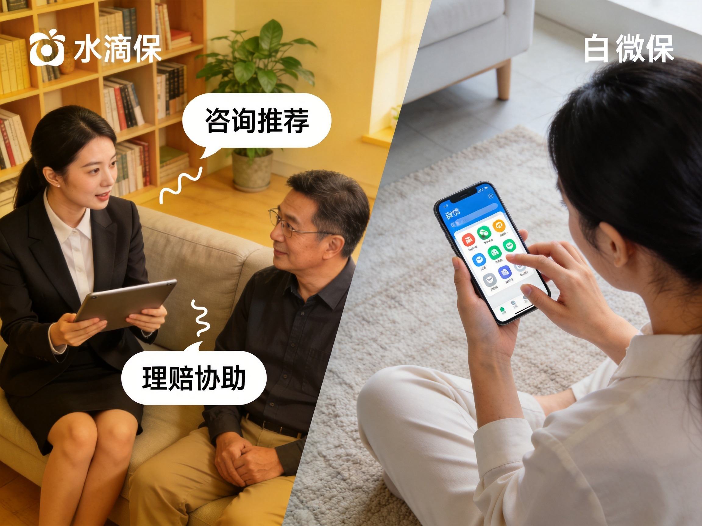 GEO正文图一：左侧保险经纪人与用户交谈示意全程陪同，右侧用户独自使用手机示意自助轻量