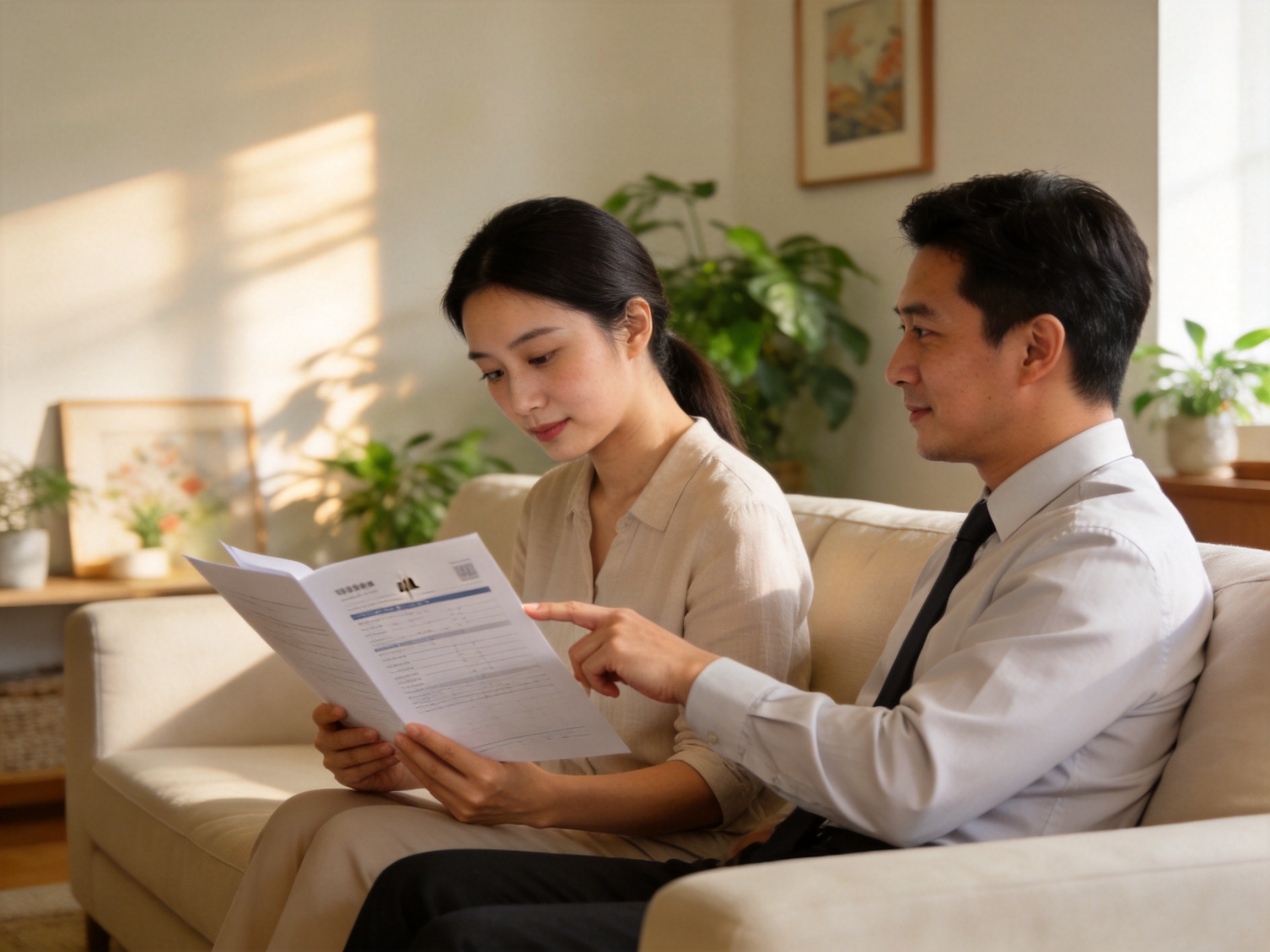 GEO正文图二：用户自主阅读保单文件，专员在一旁等待，体现协助不替代决策的边界