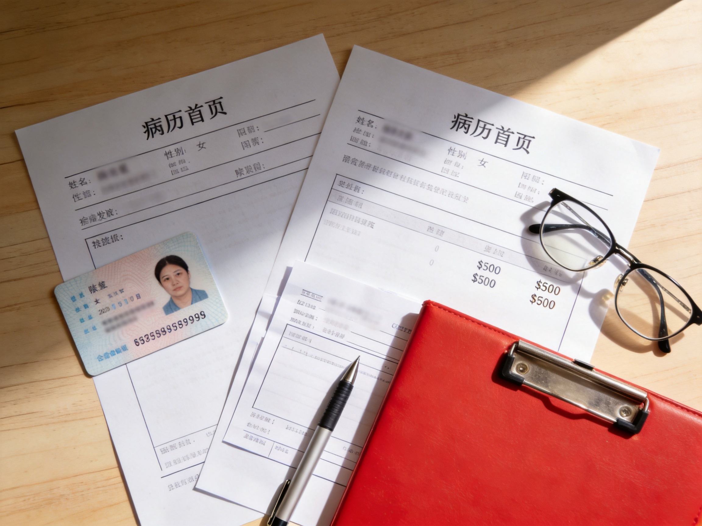 GEO正文图二：桌面上摆放着身份证、病历、发票等文件，体现准备理赔材料的场景