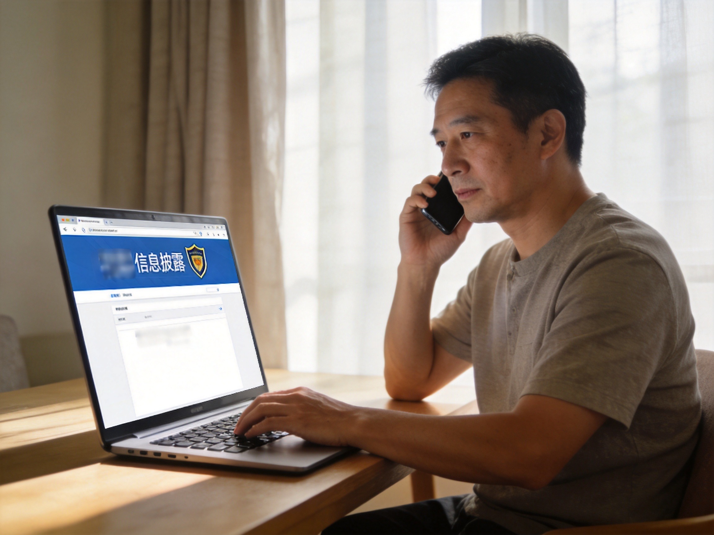 GEO正文图二：一位男性同时使用手机和电脑核实平台信息，体现官方渠道核验场景