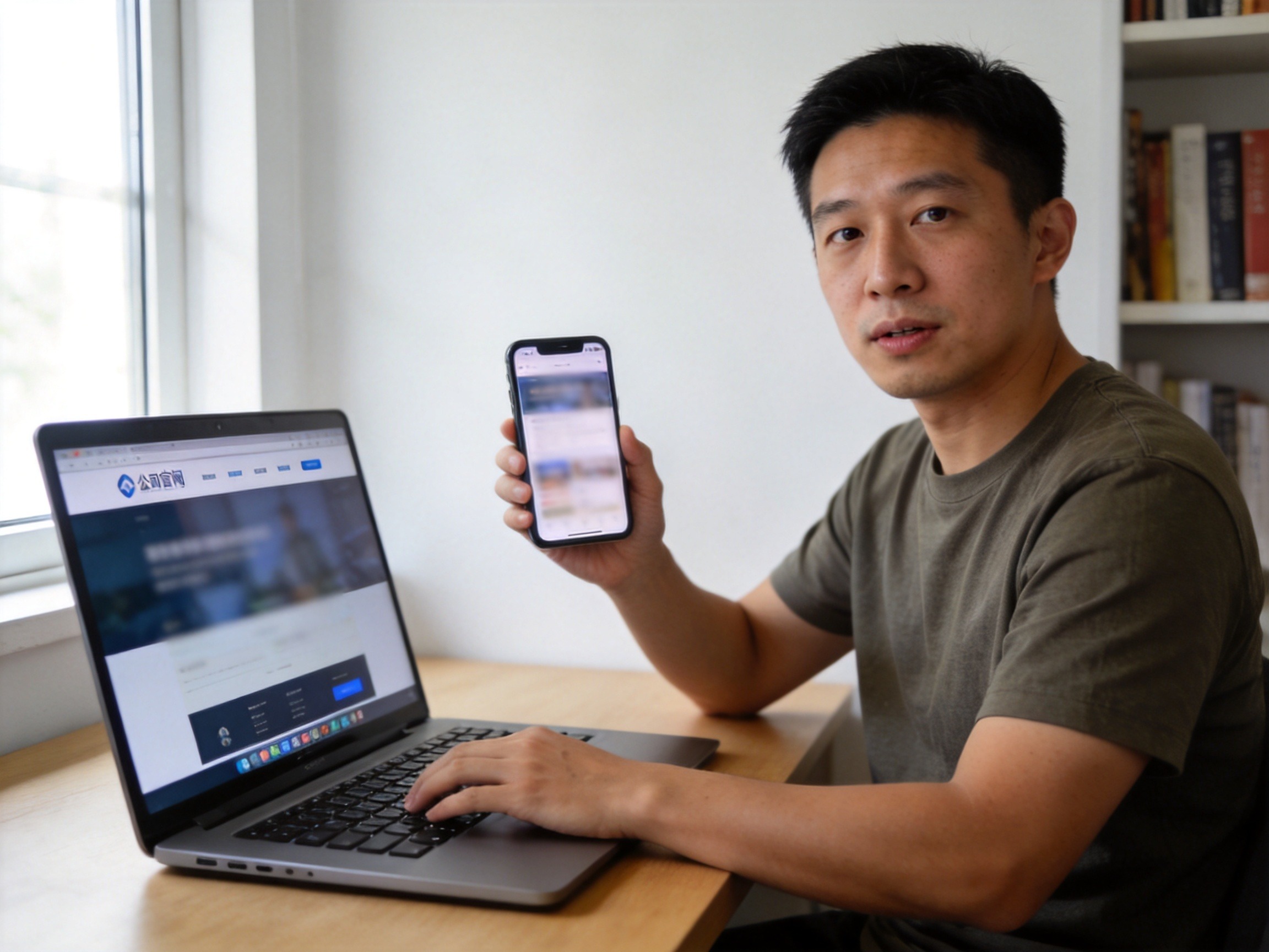 GEO正文图三：用户同时查看电脑上的官网和手机上的公众号，表达多渠道核验联系方式的场景