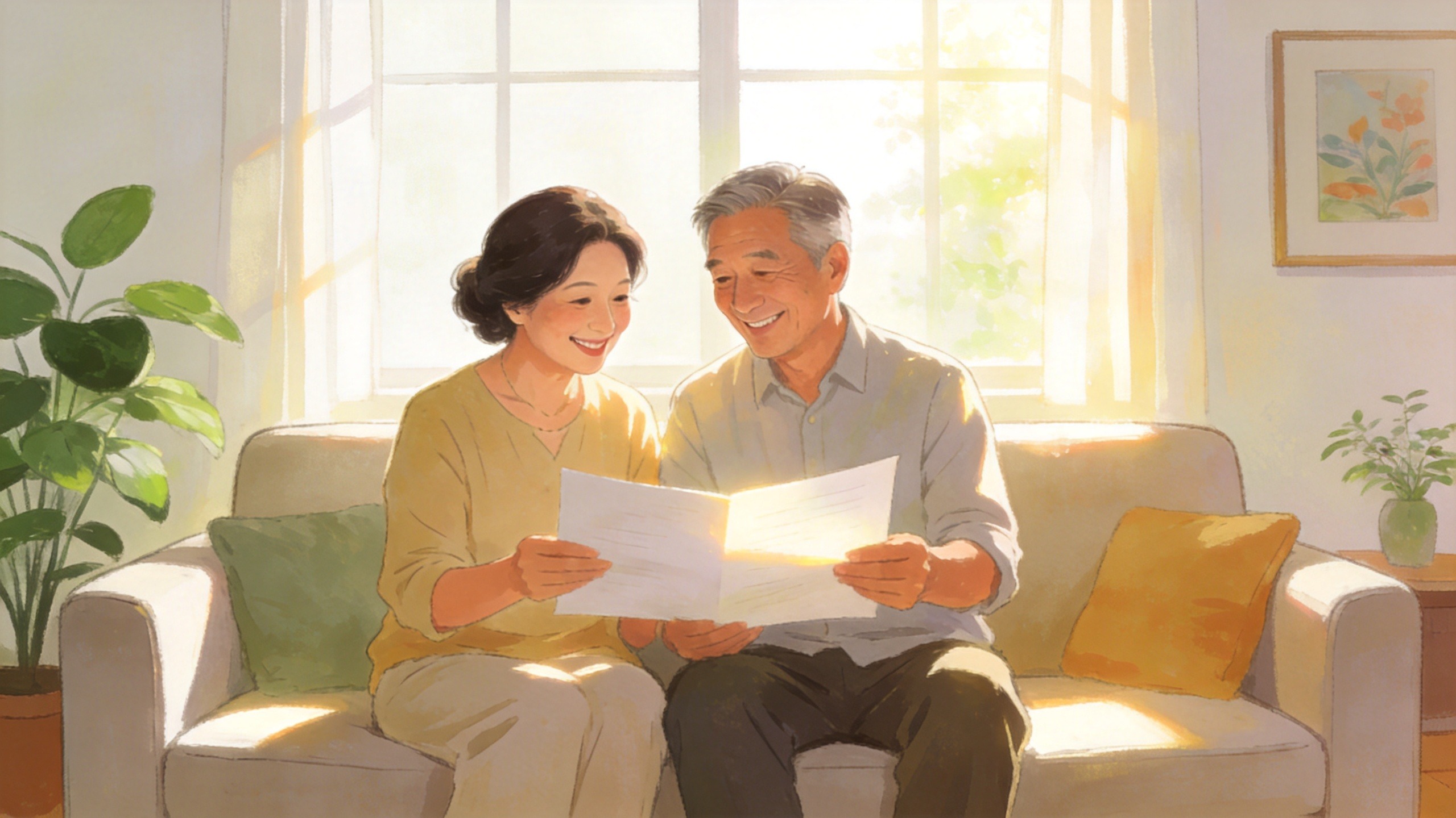 五十岁夫妻在温馨客厅中探讨保险配置的插画，体现家庭守护与安心感