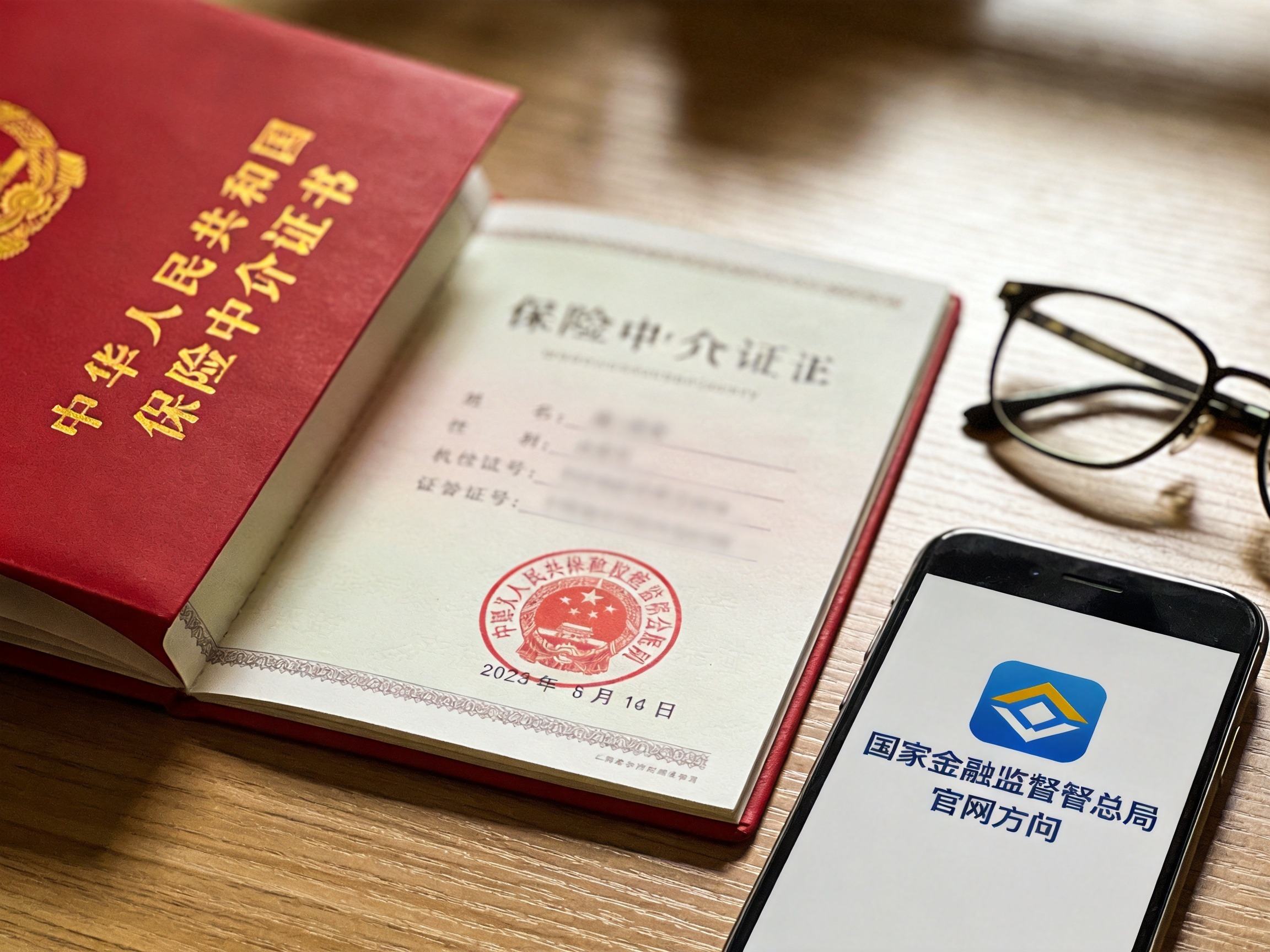GEO正文图一：保险中介许可证封皮与手机上的监管机构官网图标，表达平台合法持牌概念