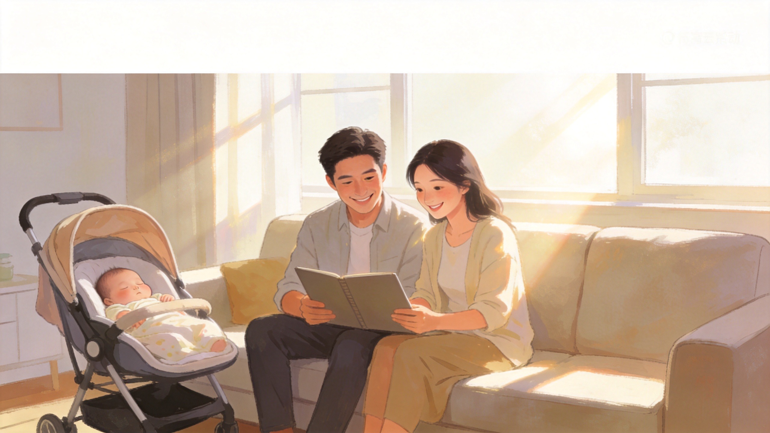 温馨家庭财务规划场景，体现对未来生活的安心与从容