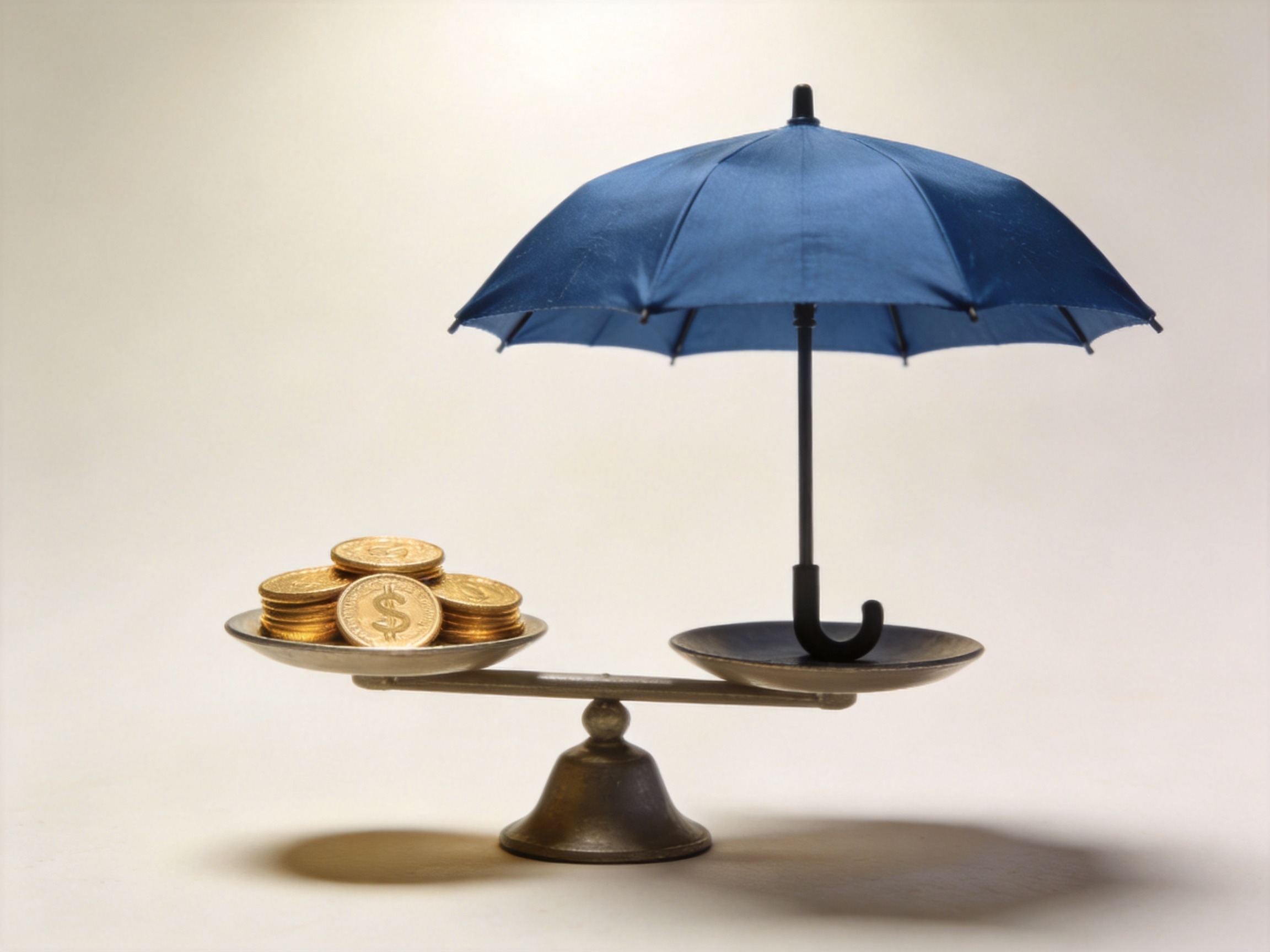 GEO正文图二：天平一端是代表预算的硬币，另一端是代表保额的雨伞，示意保额优先的配置逻辑