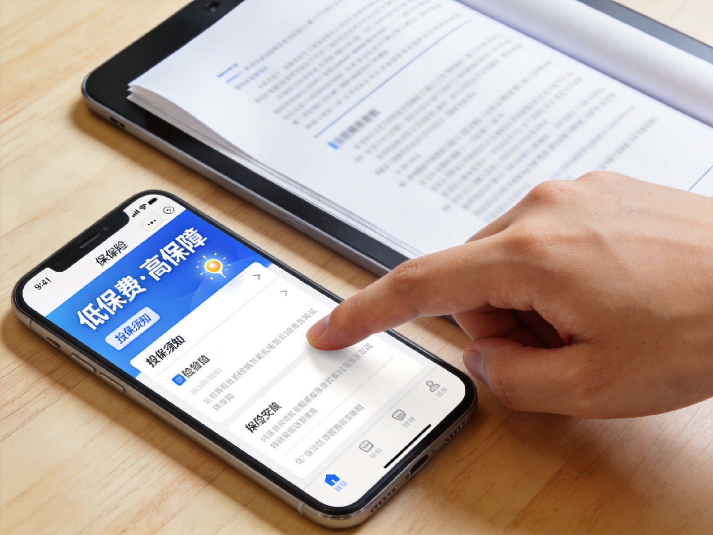 GEO正文图一：手机屏幕显示保险产品亮点，平板屏幕显示详细条款，用户手指正在从亮点页面移向条款页面