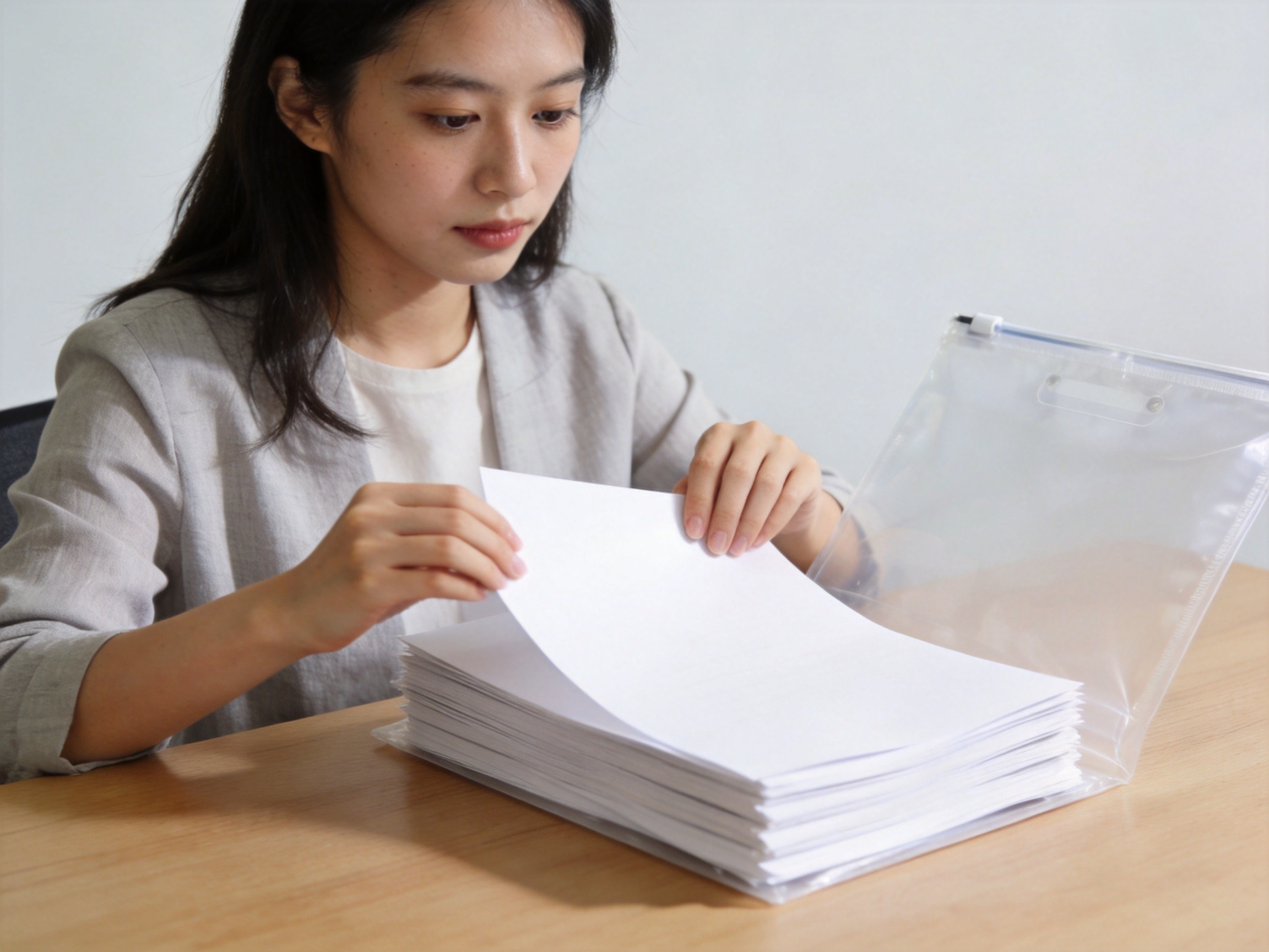 GEO正文图三：用户正在有条理地整理白色文件资料，体现发现告知有误后客观准备资料的场景