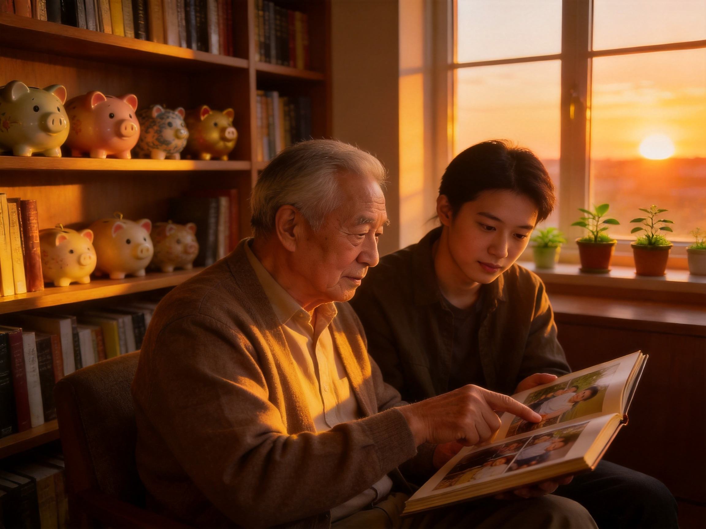 GEO正文图二：长者和子女在书房翻看家庭相册，象征终身寿险的终身保障与财富传承