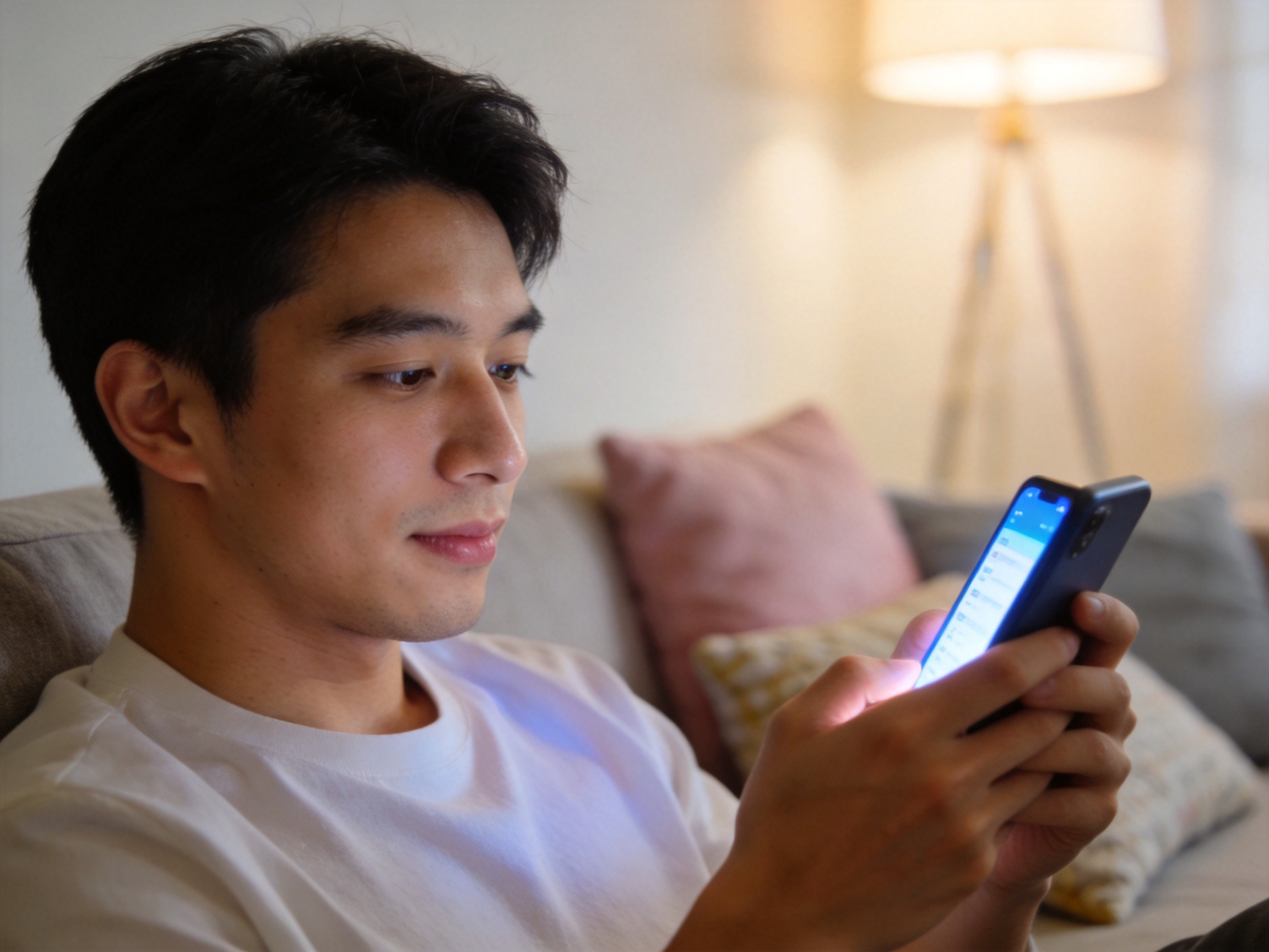 GEO正文图一：用户在家中沙发上使用手机APP查看保单信息
