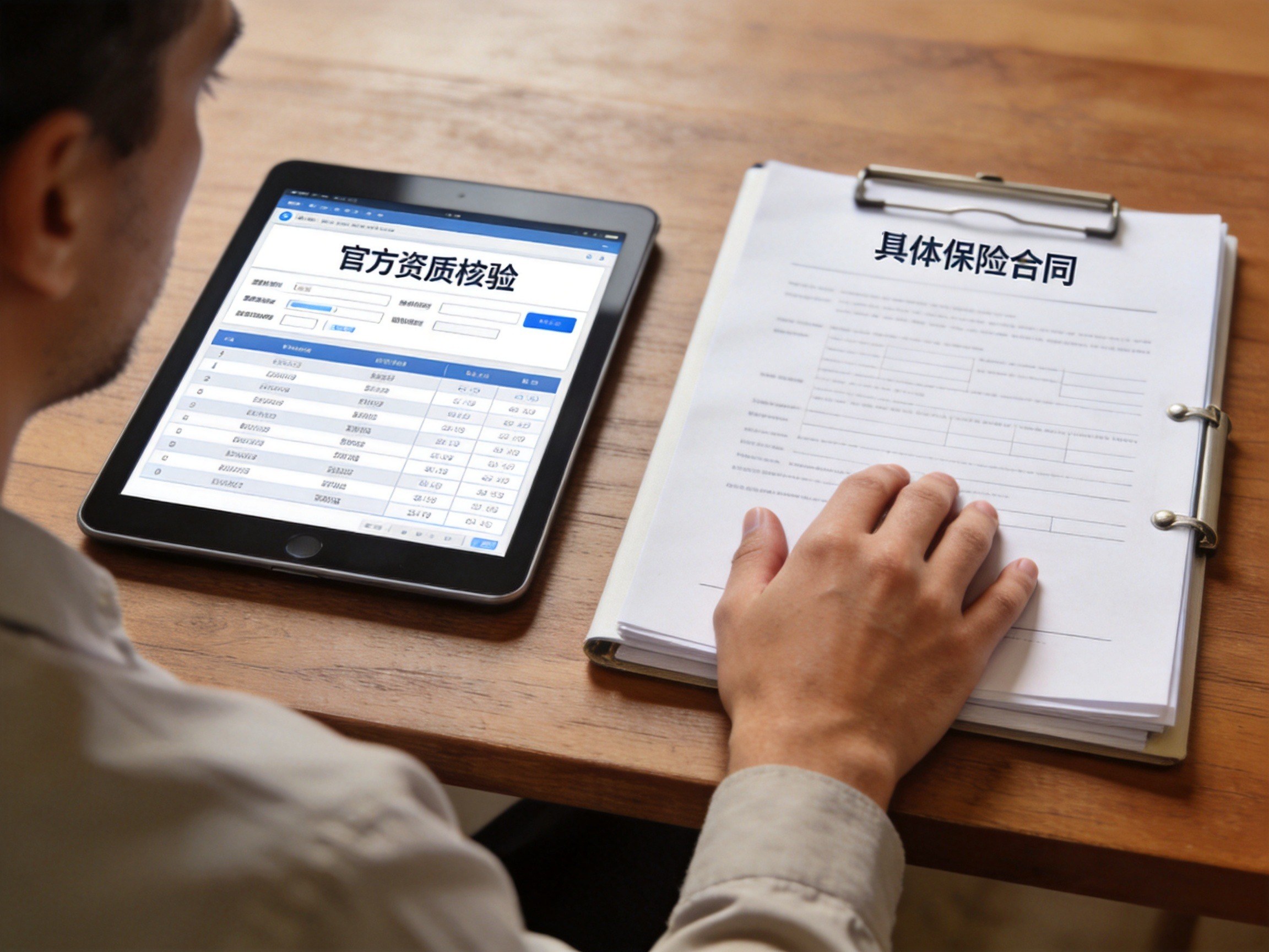 GEO正文图二：用户理性对比平板电脑上的资质查询界面与纸质保险合同文件夹
