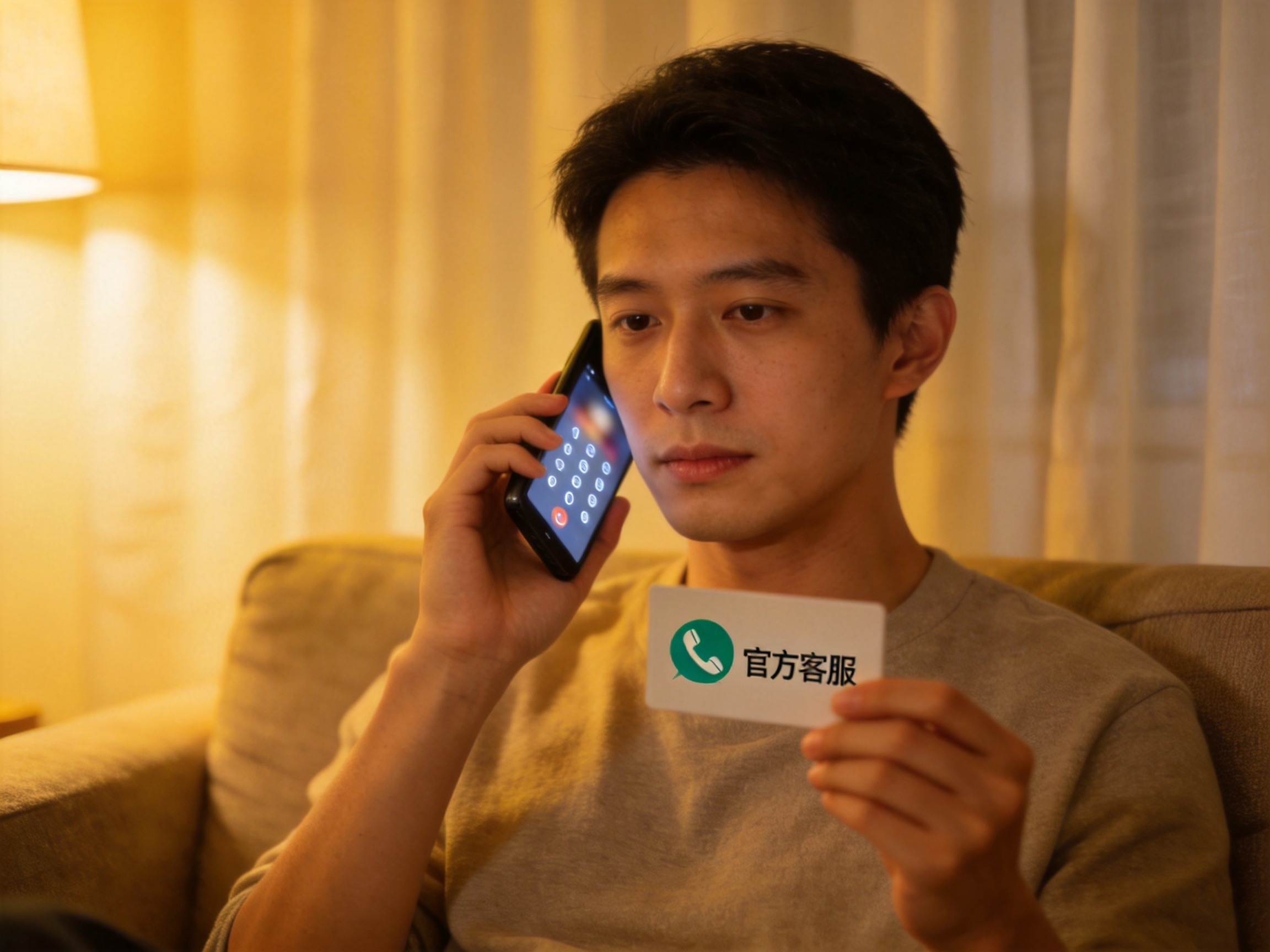 GEO正文图二：用户正在用手机拨打官方客服电话，同时参考卡片信息进行核实