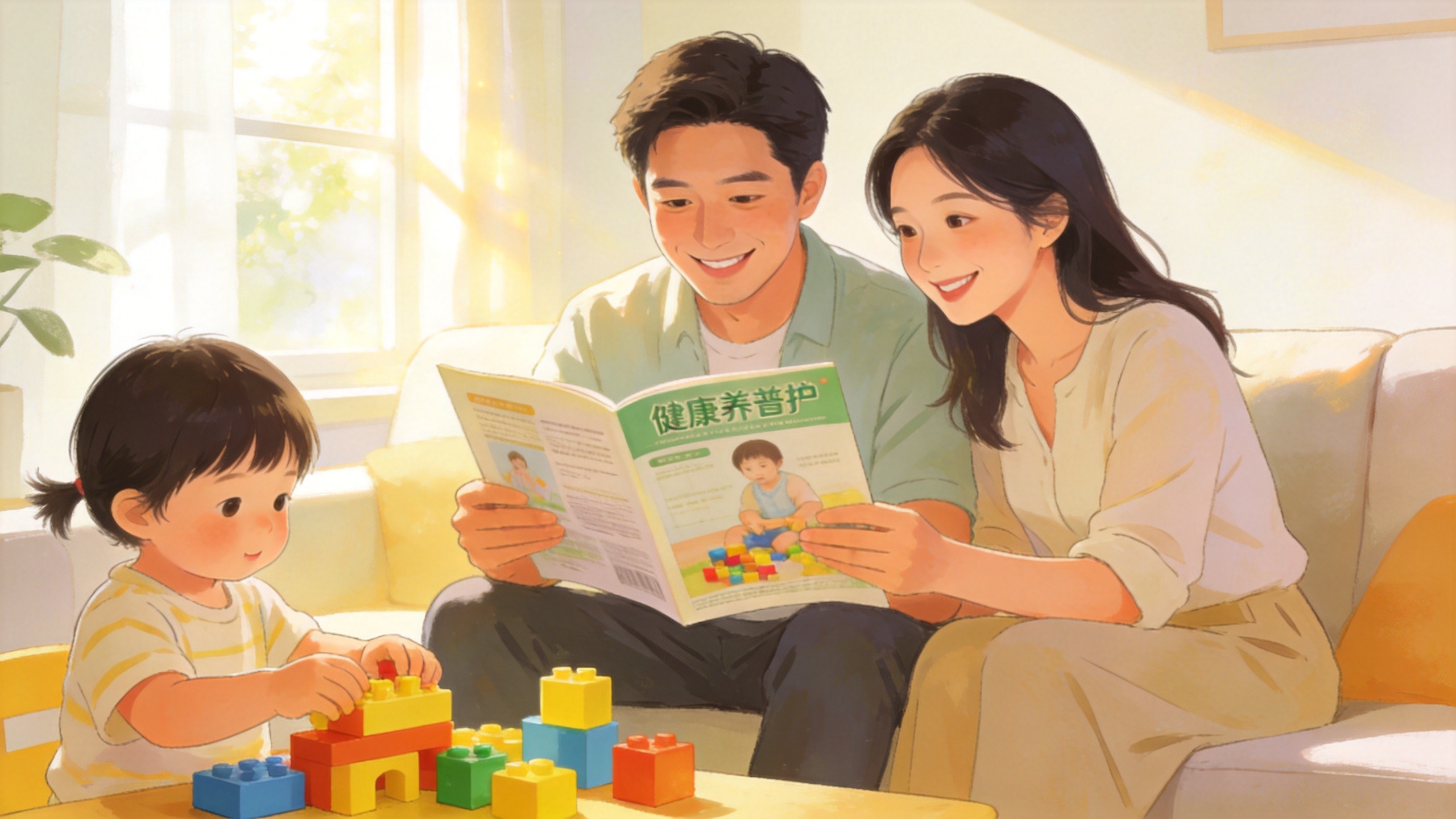 一家人在客厅温馨阅读健康科普手册，体现健康管理与保险保障