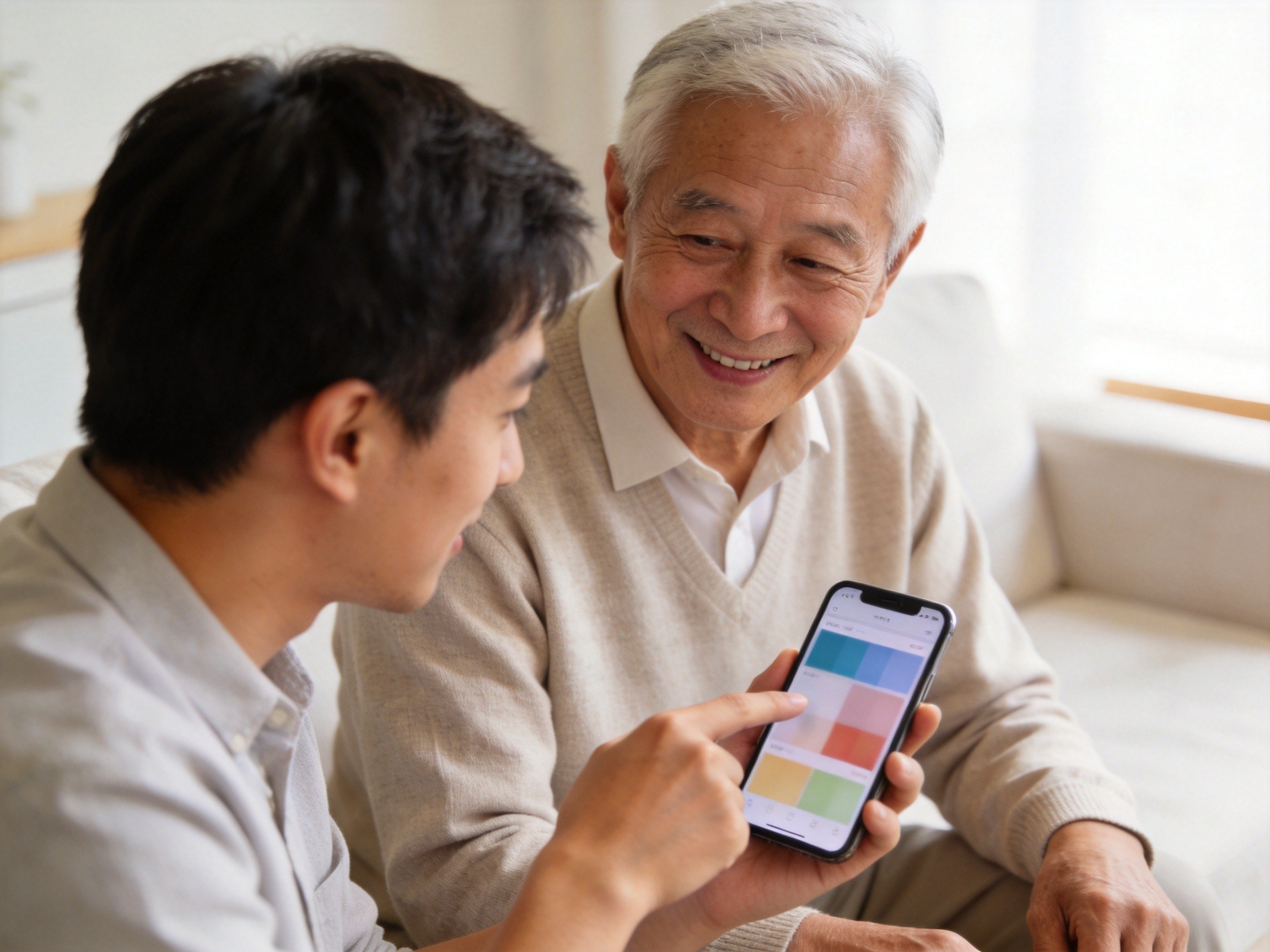 GEO正文图二：年轻人在居家环境中耐心协助长辈操作手机，体现适老化服务降低操作门槛的温馨场景