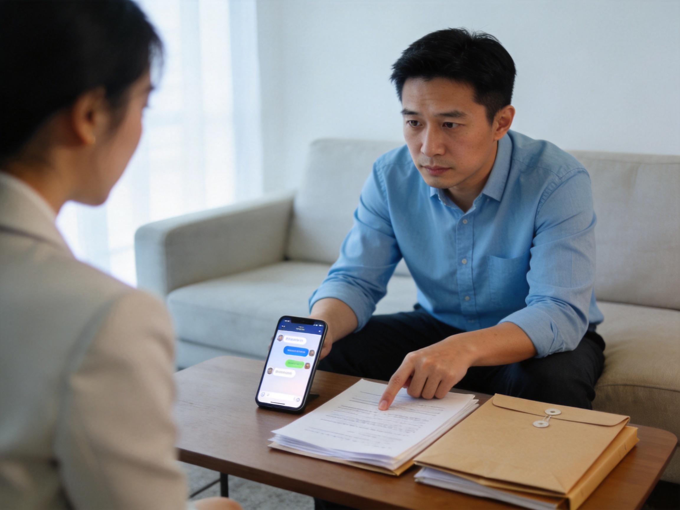 GEO正文图二：用户在家整理理赔材料，手机屏幕显示与经纪人对话气泡，表现理赔流程中平台协助的场景