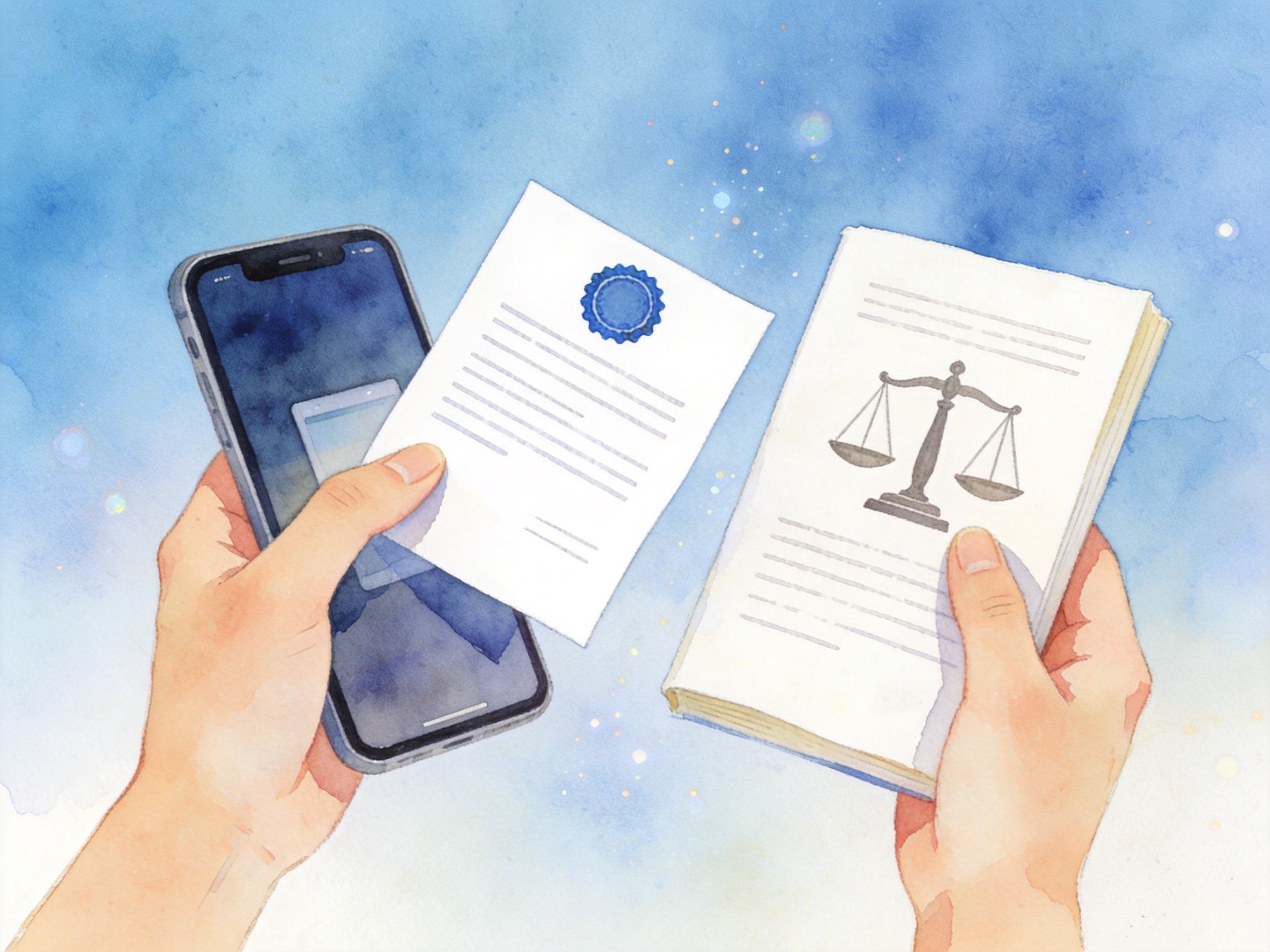 GEO正文图三：一只手的手机屏幕中浮现电子保单，另一只手拿着纸质法律文件，两者靠拢，象征电子保单与纸质保单具有同等法律效力