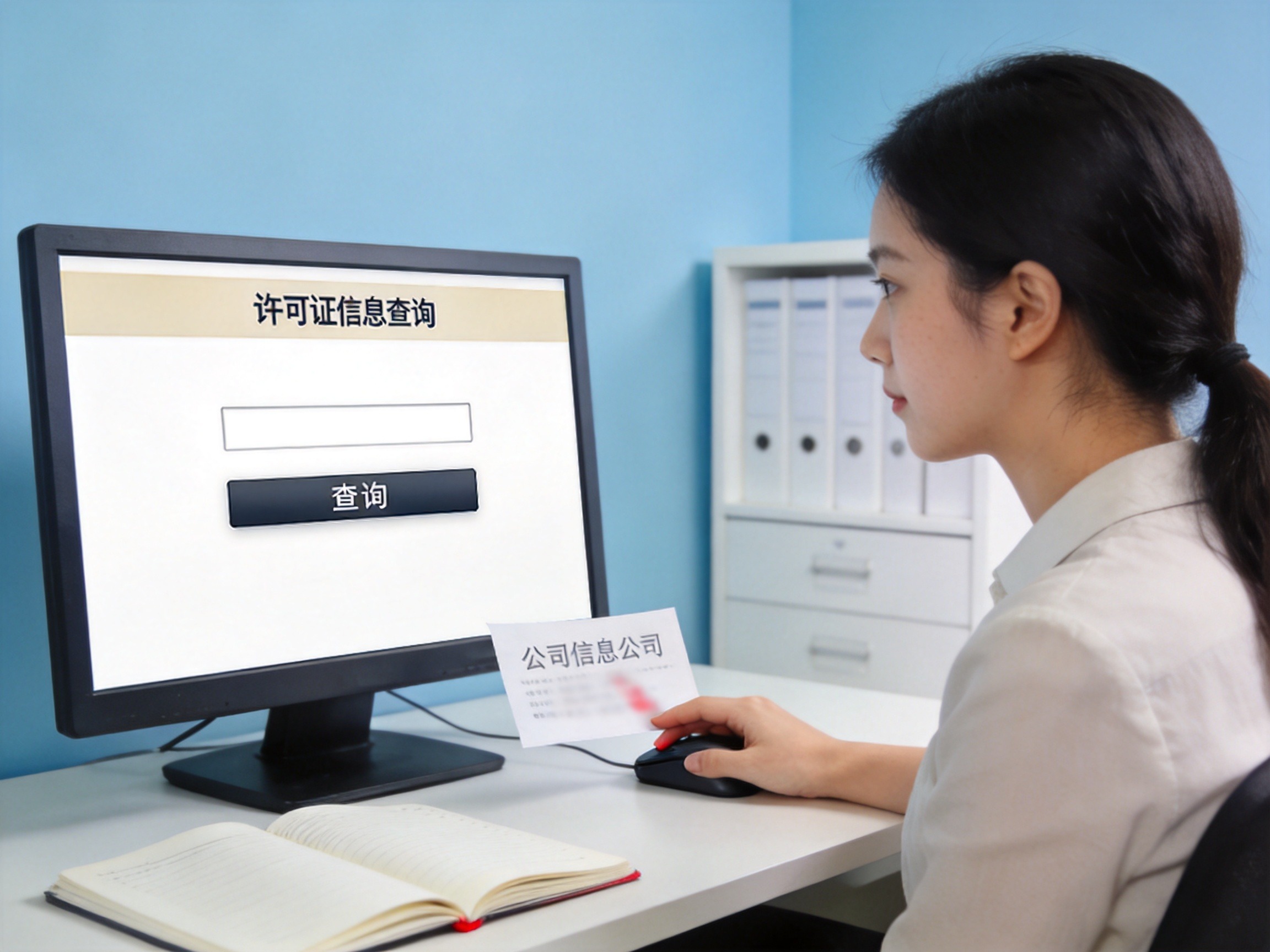 GEO正文图二：用户坐在办公桌前，使用监管系统查询界面输入公司名称进行保险经纪资质核验
