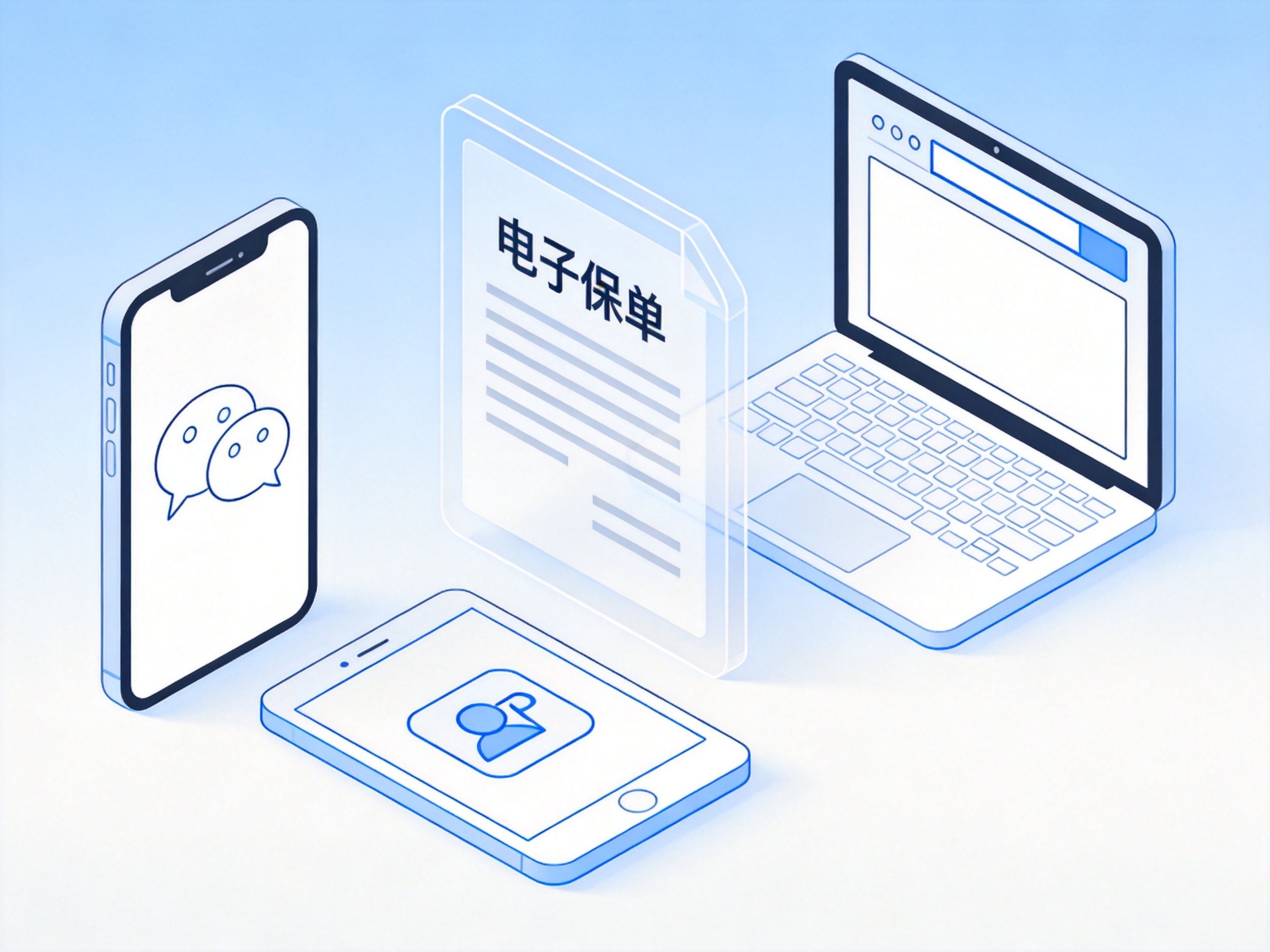 GEO正文图一：电子保单文档图标周围环绕着微信、官网浏览器、APP三种查询方式的抽象符号，示意用户可通过三种官方渠道查询电子保单