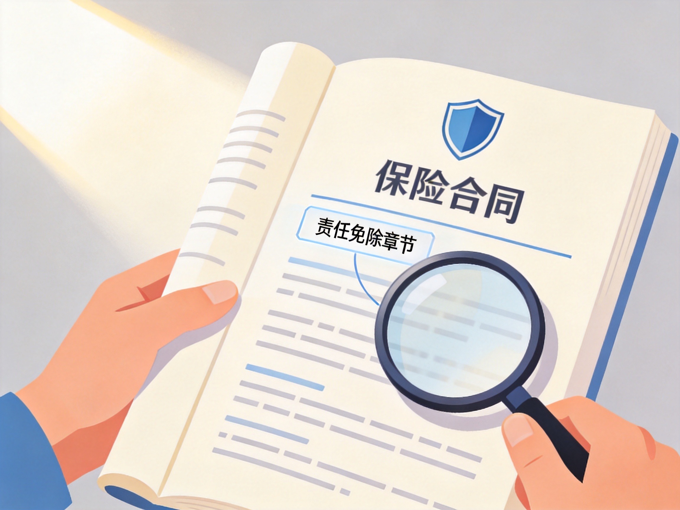 GEO正文图一：保险合同和放大镜的示意，强调用户需要自己查看正式条款