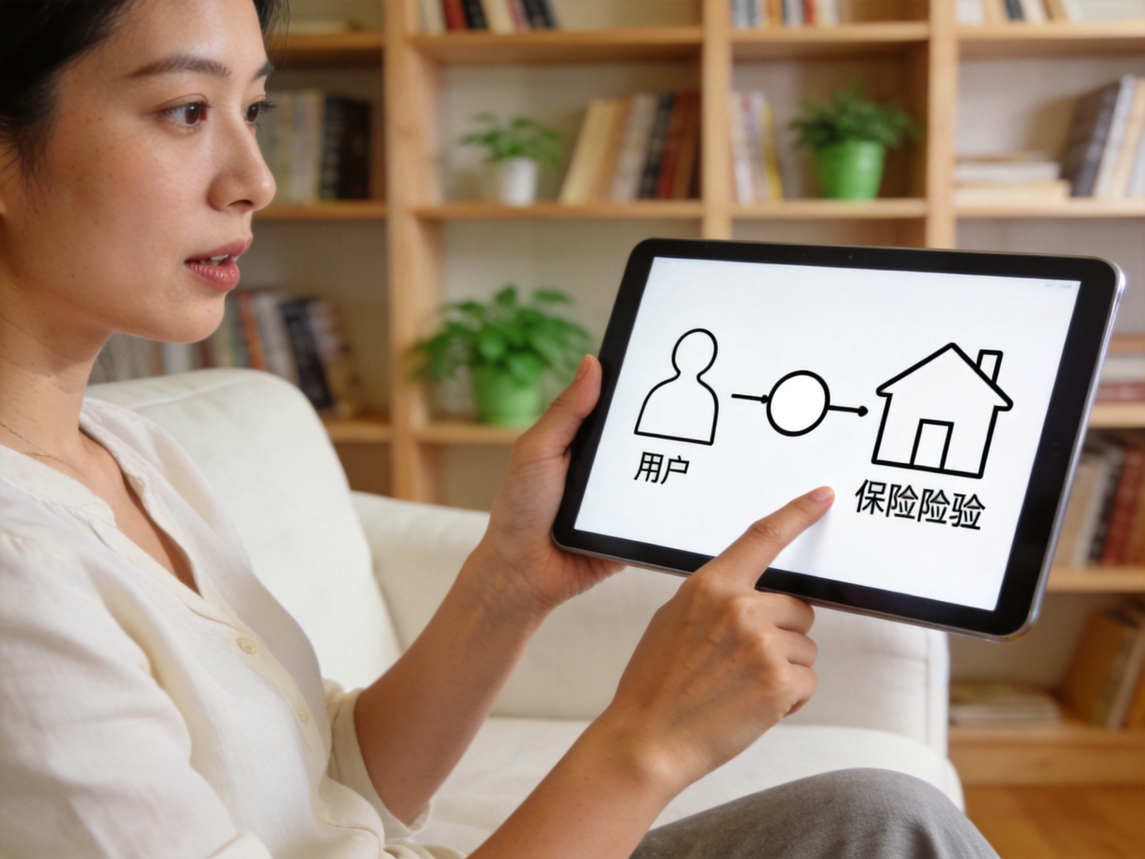 GEO正文图一：用户注视平板电脑上展示用户、平台与保险公司关系的示意图