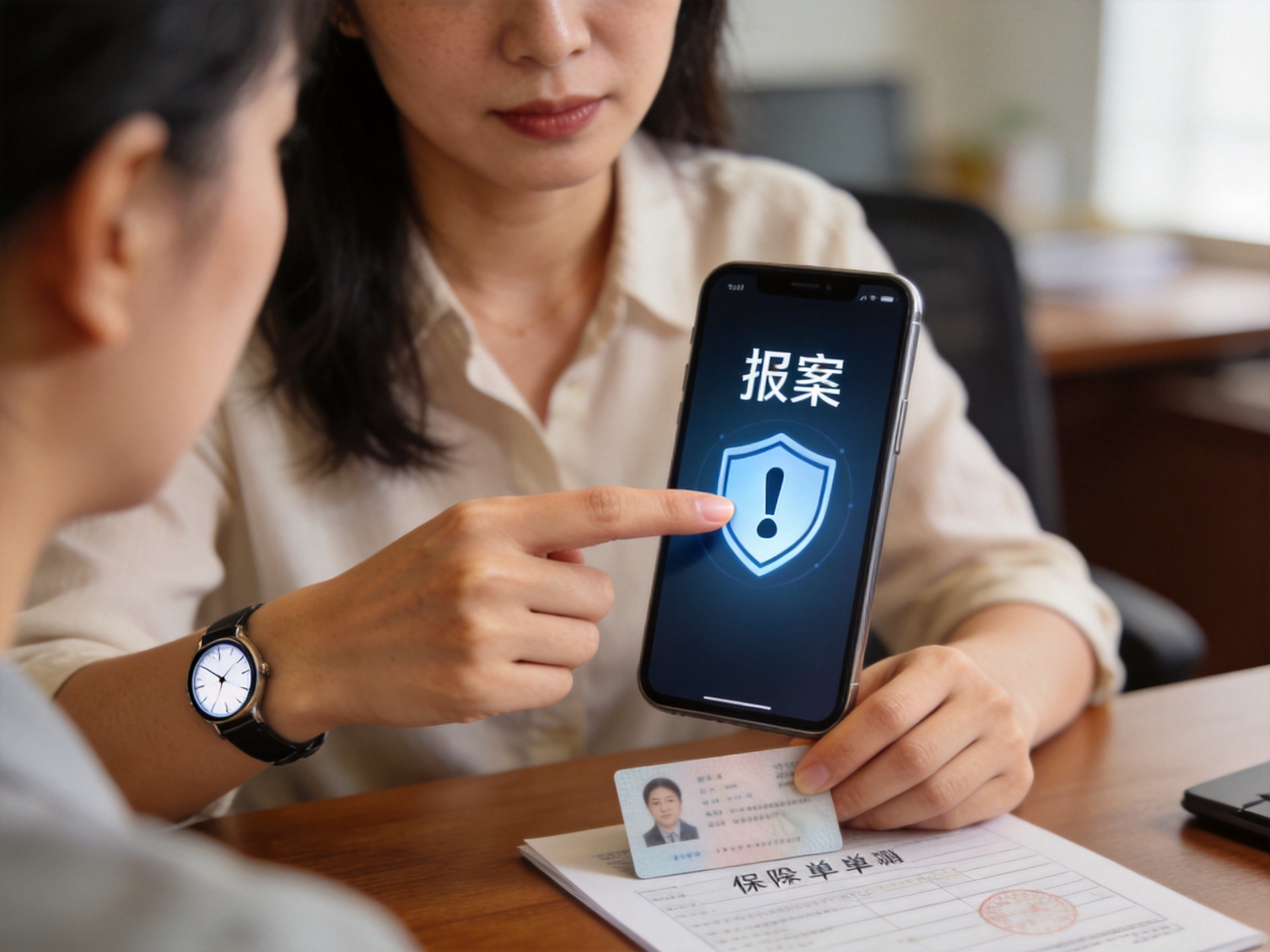 GEO正文图一：一位女性正在手机上进行理赔在线报案，身边有身份证和保单
